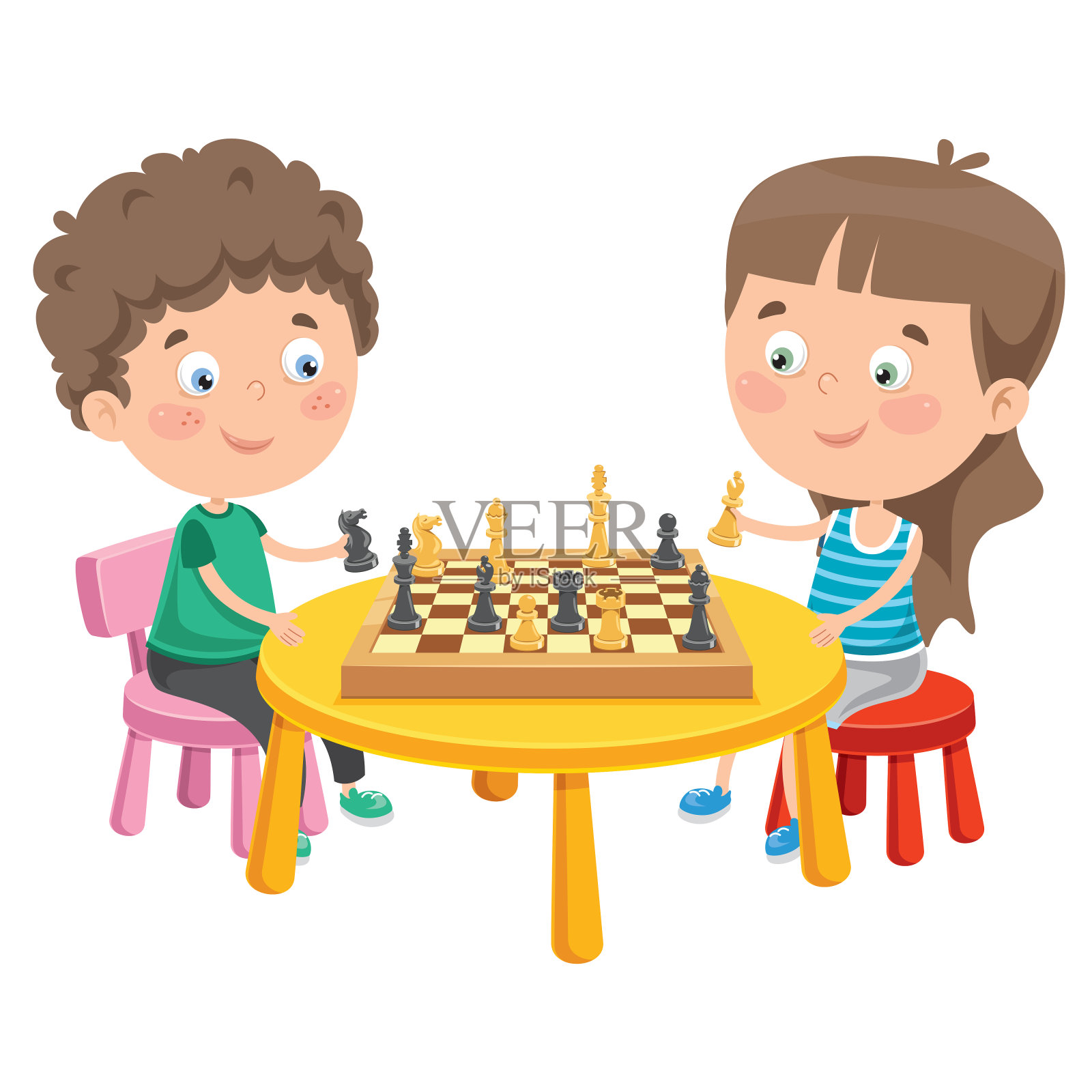 卡通人物下棋游戏插画图片素材