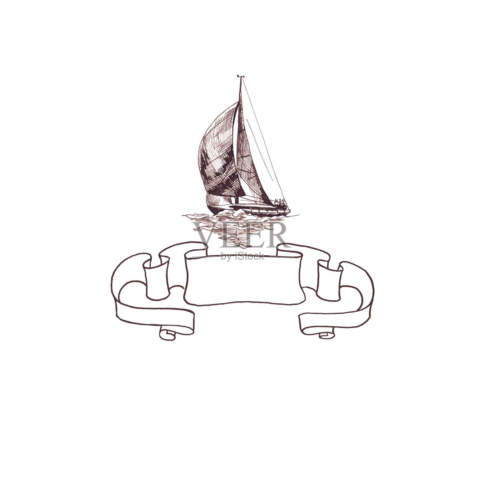 游艇帆船古董古董与丝带框架旋涡棕色墨水手绘插画图片素材