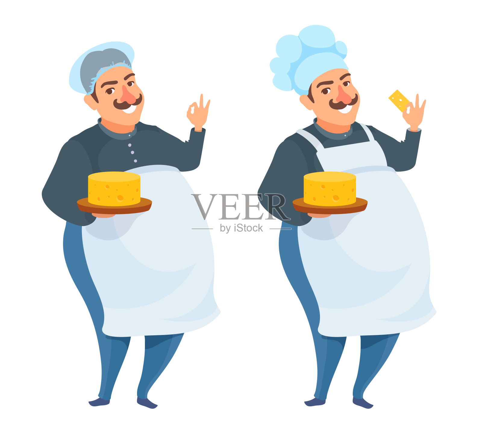 专业厨师用托盘上的奶酪块烹饪。用手做OK的手势，微笑。插画图片素材
