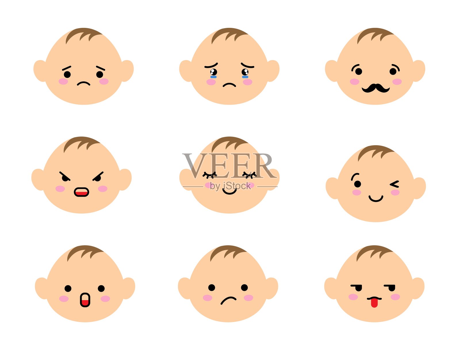 一组不同情绪的婴儿表情。卡哇伊可爱的孩子表情符号和日本动漫表情符号面部表情。插画图片素材