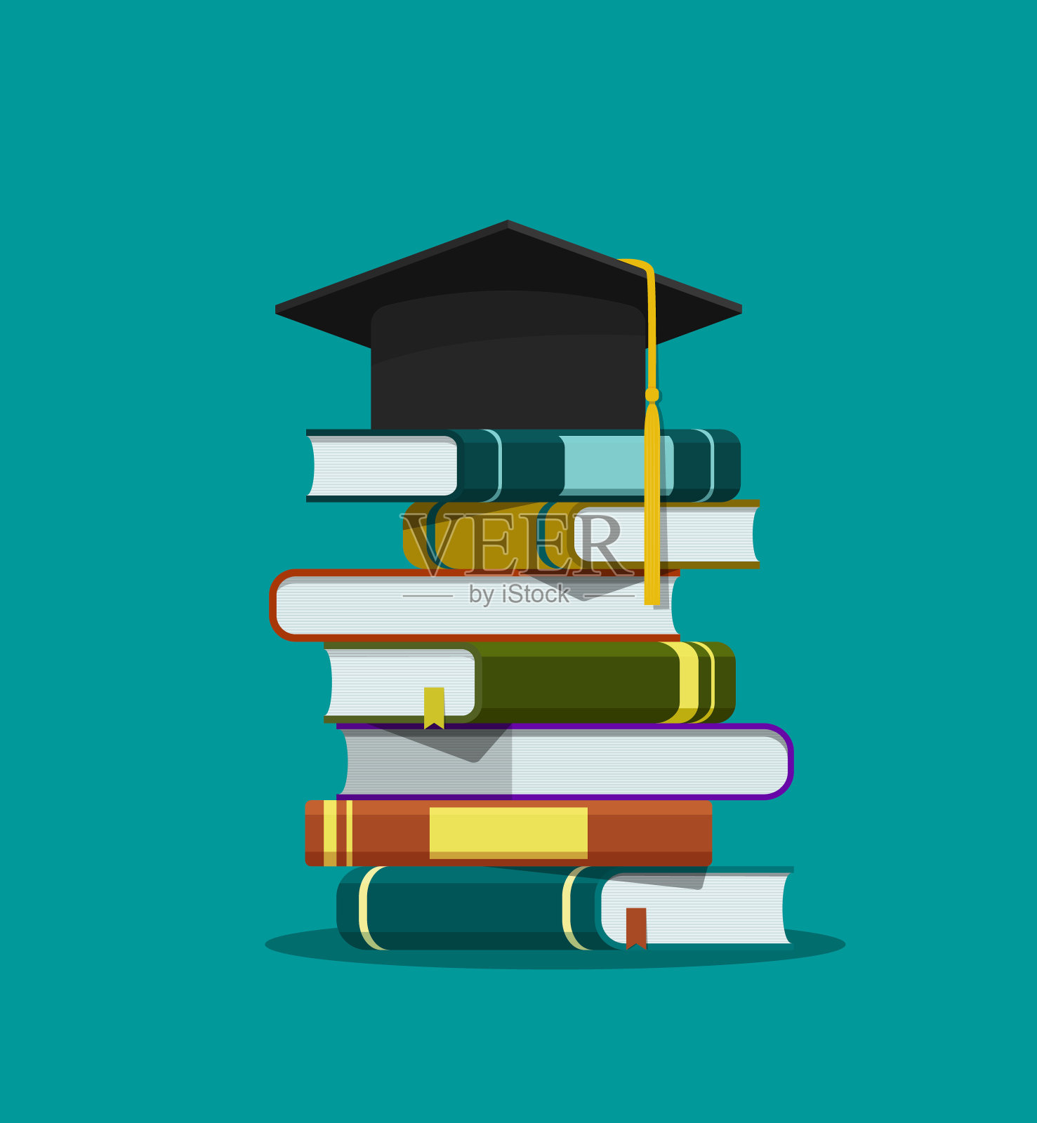 31、叠书毕业帽。教育理念。毕业帽就堆在书上孤立背景。成功学习的学校。平面文学图书馆、词典、小说。向量插画图片素材