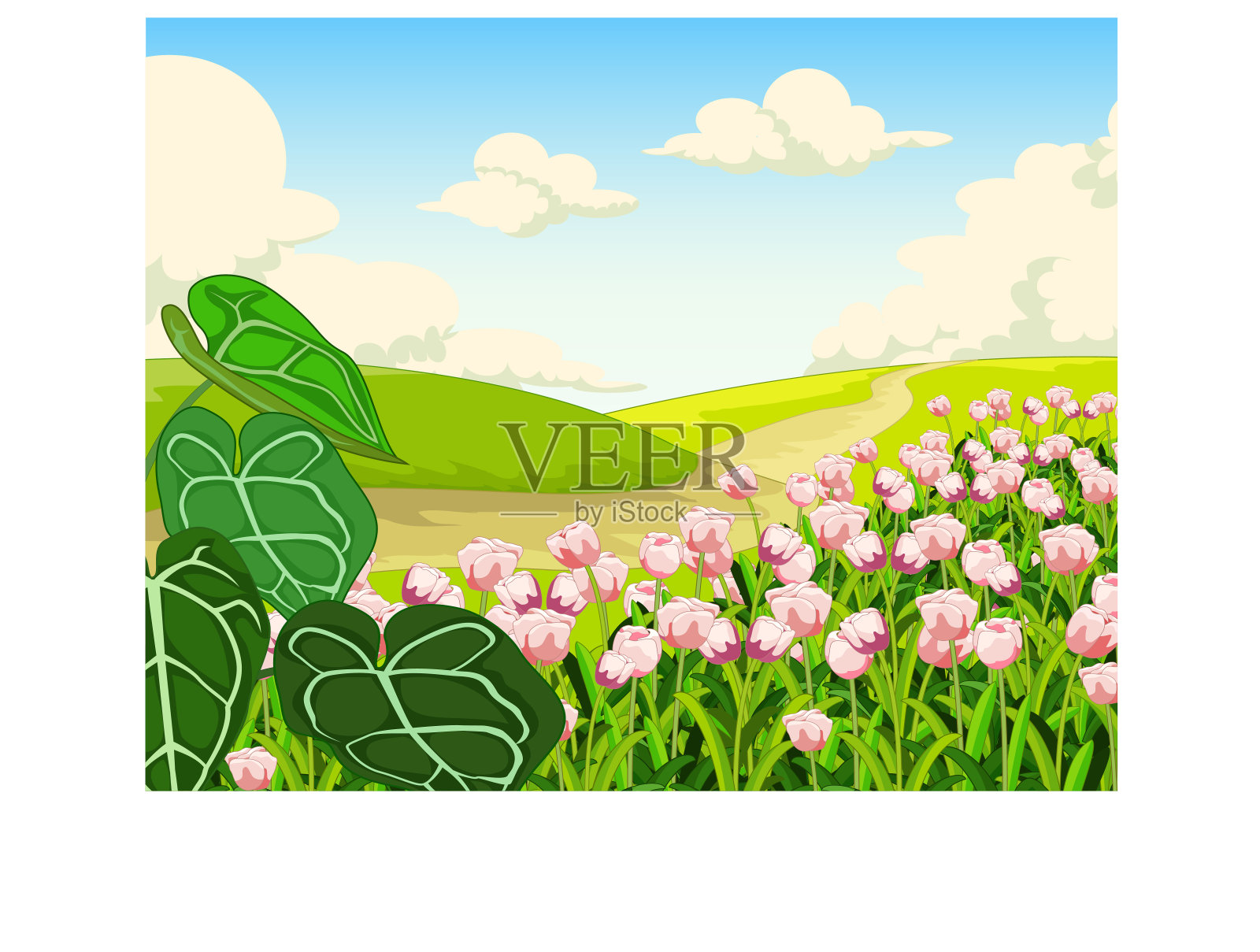美丽的粉红色花在草地山景风景卡通插画图片素材