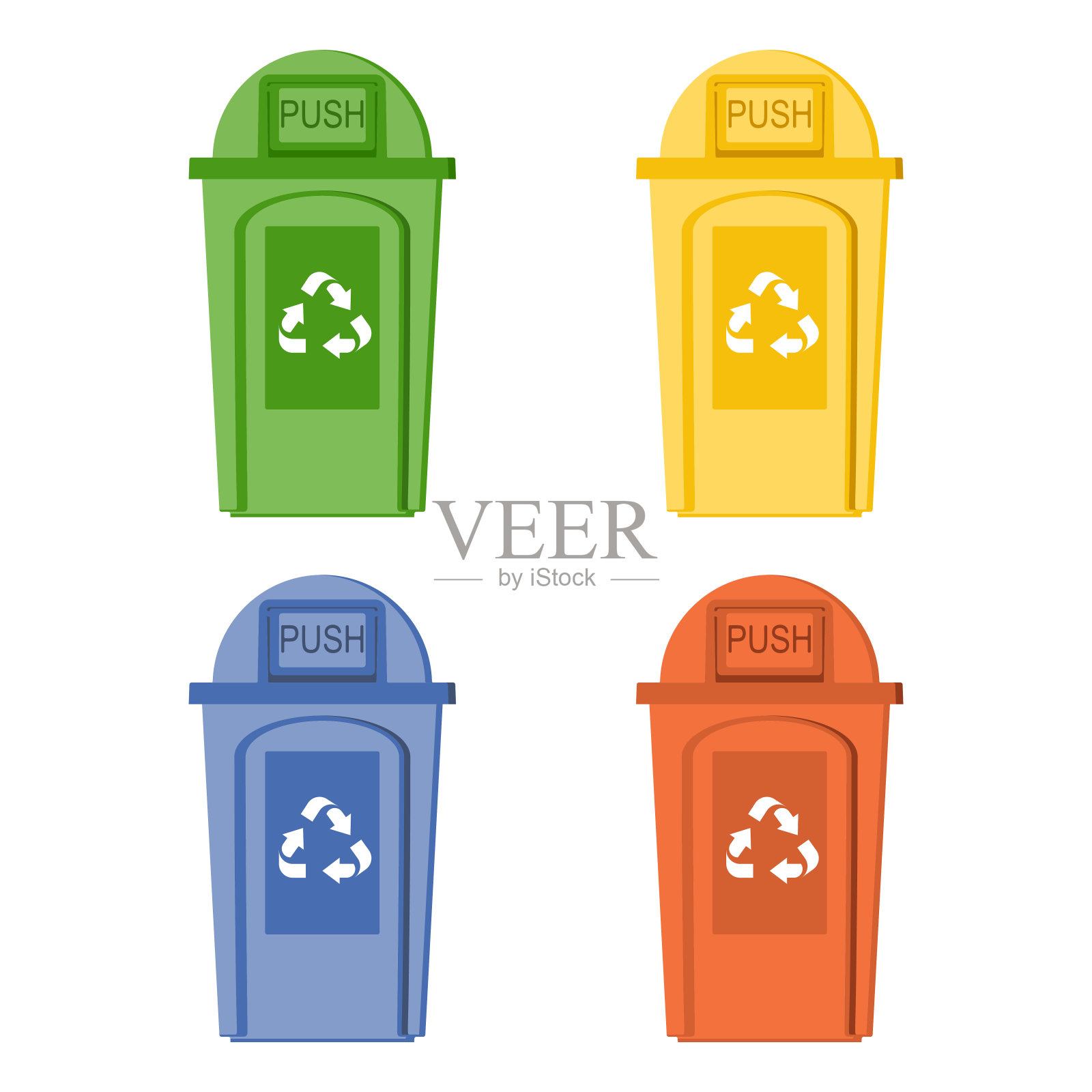 回收站。垃圾筐。红色、蓝色、黄色和绿色的废物分类篮。矢量图形。设计元素图片