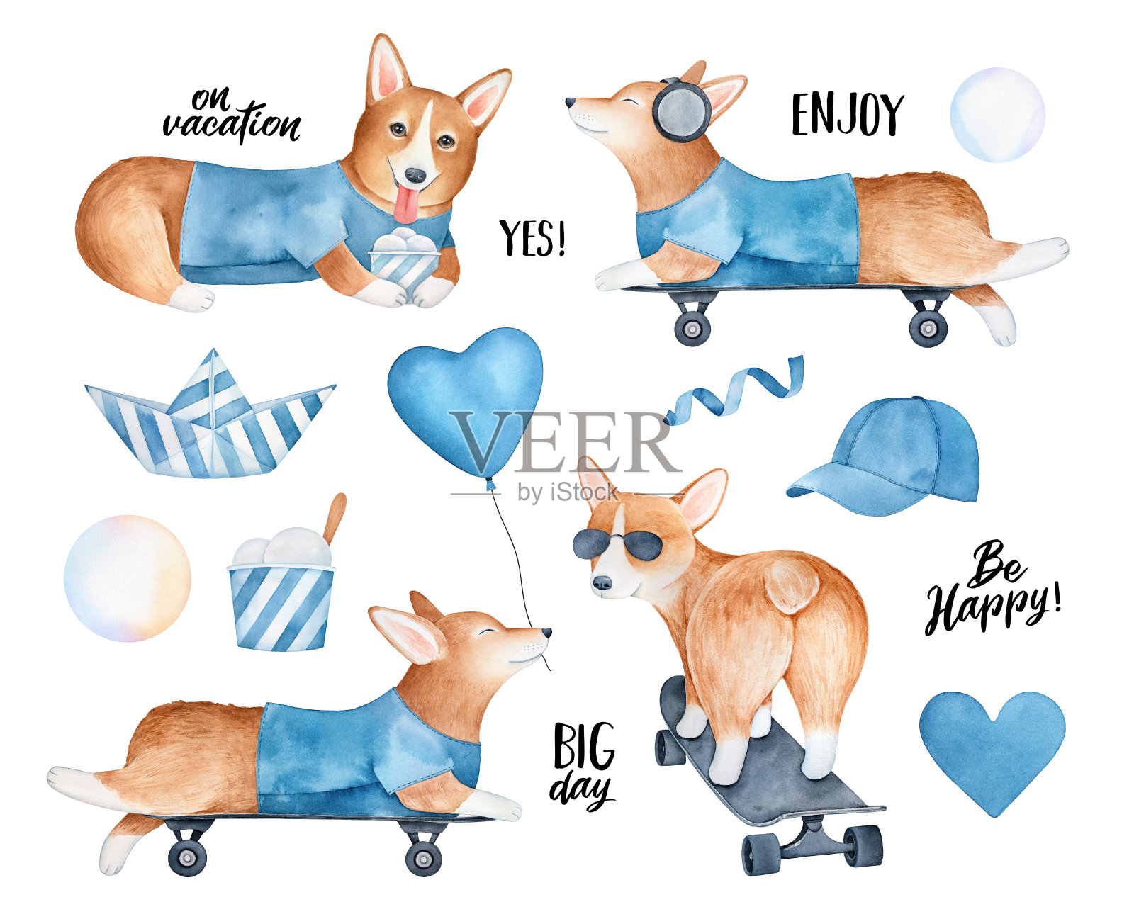 大的假期收集可爱的威尔士柯基小狗和各种夏季标志。手绘水彩素描，设计的独立剪贴画元素，网络横幅，贺卡，剪贴簿。插画图片素材