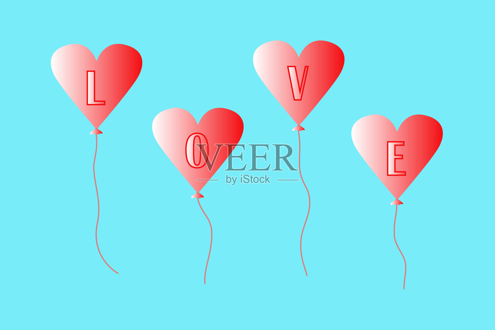 气球心形，字爱。红色的气球飞过蓝色的天空。情人节，母亲节，婚礼的壁纸。插画图片素材