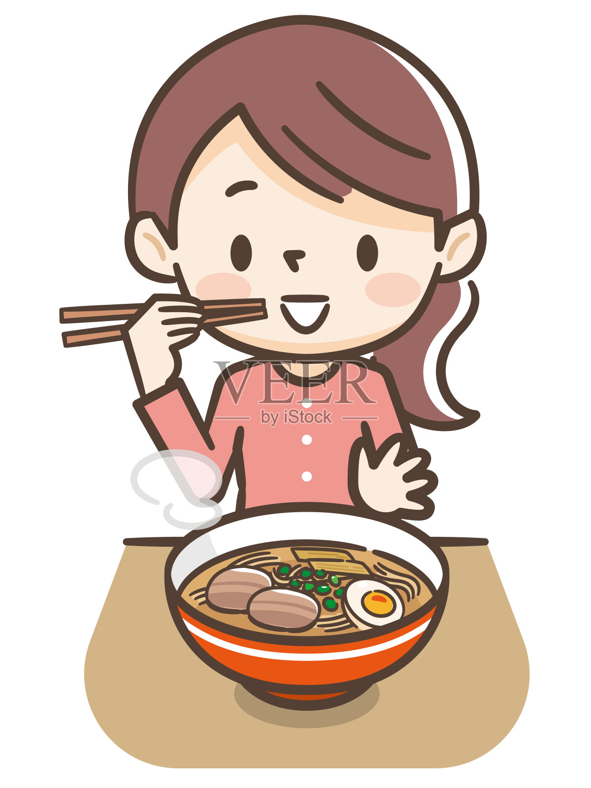 一个年轻女子吃拉面的插图插画图片素材
