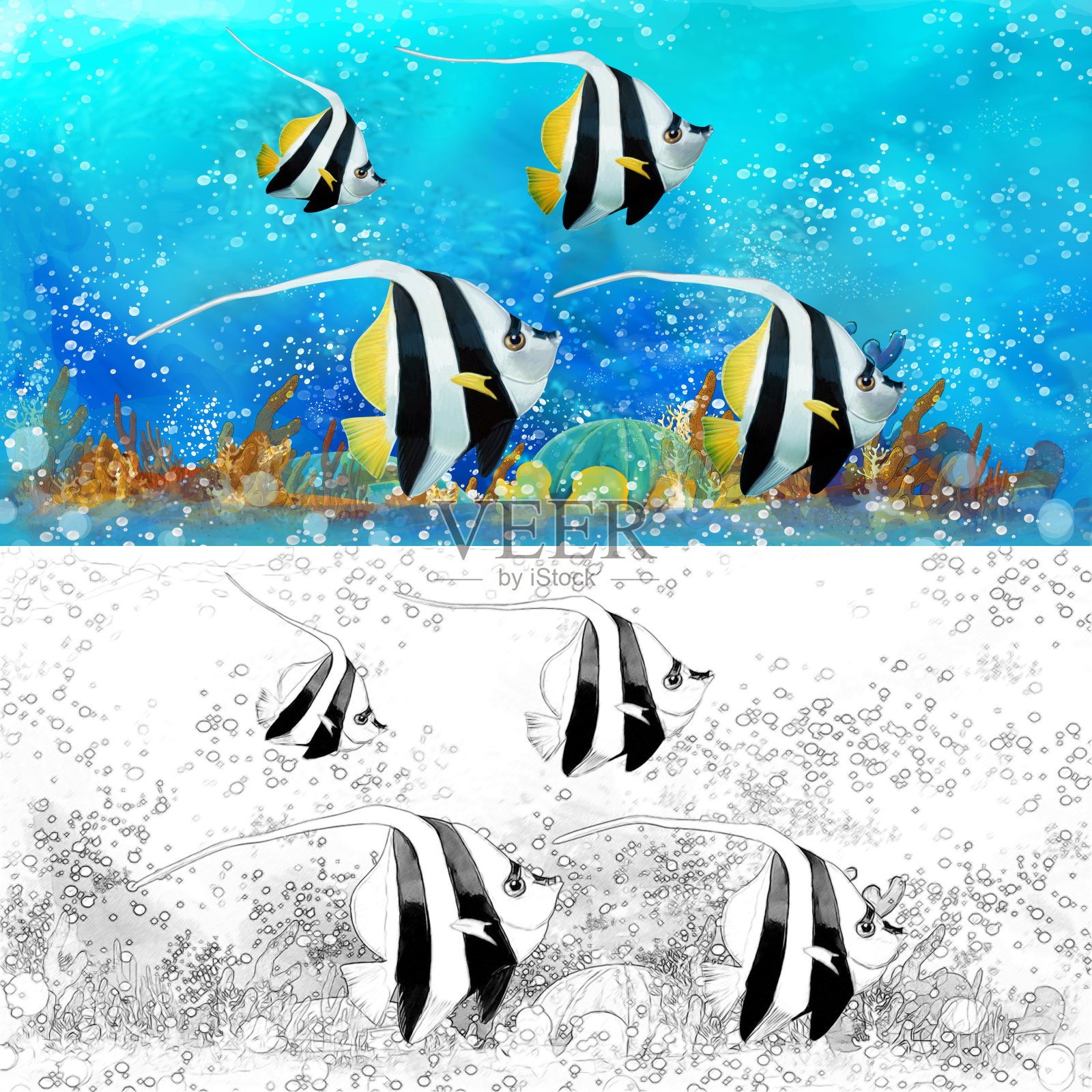 在美丽的水下王国珊瑚礁与鱼的卡通场景插画图片素材