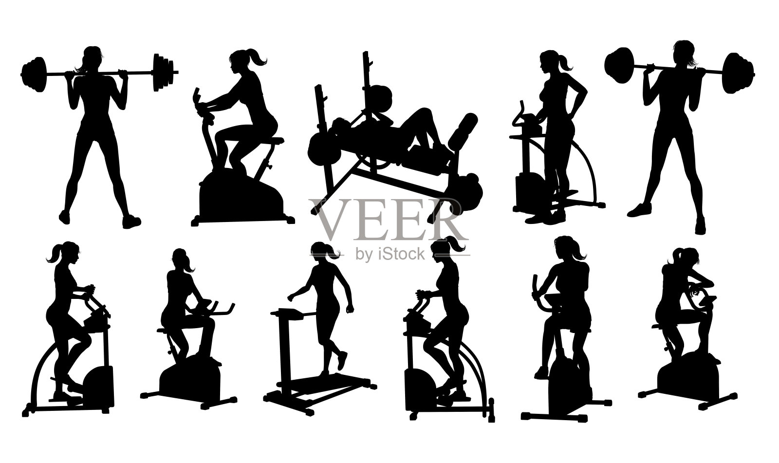 健身房健身设备女人剪影集插画图片素材