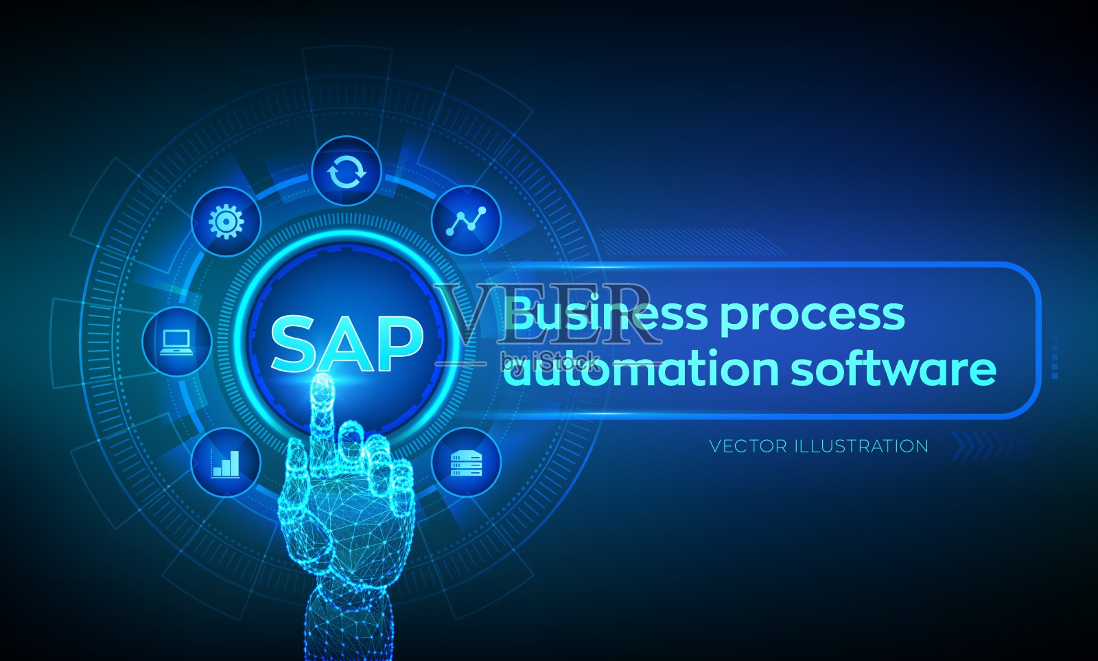SAP业务流程自动化软件。ERP企业资源规划系统概念的虚拟屏幕。机械手触摸数字界面。人工智能。人工智能。矢量插图。插画图片素材