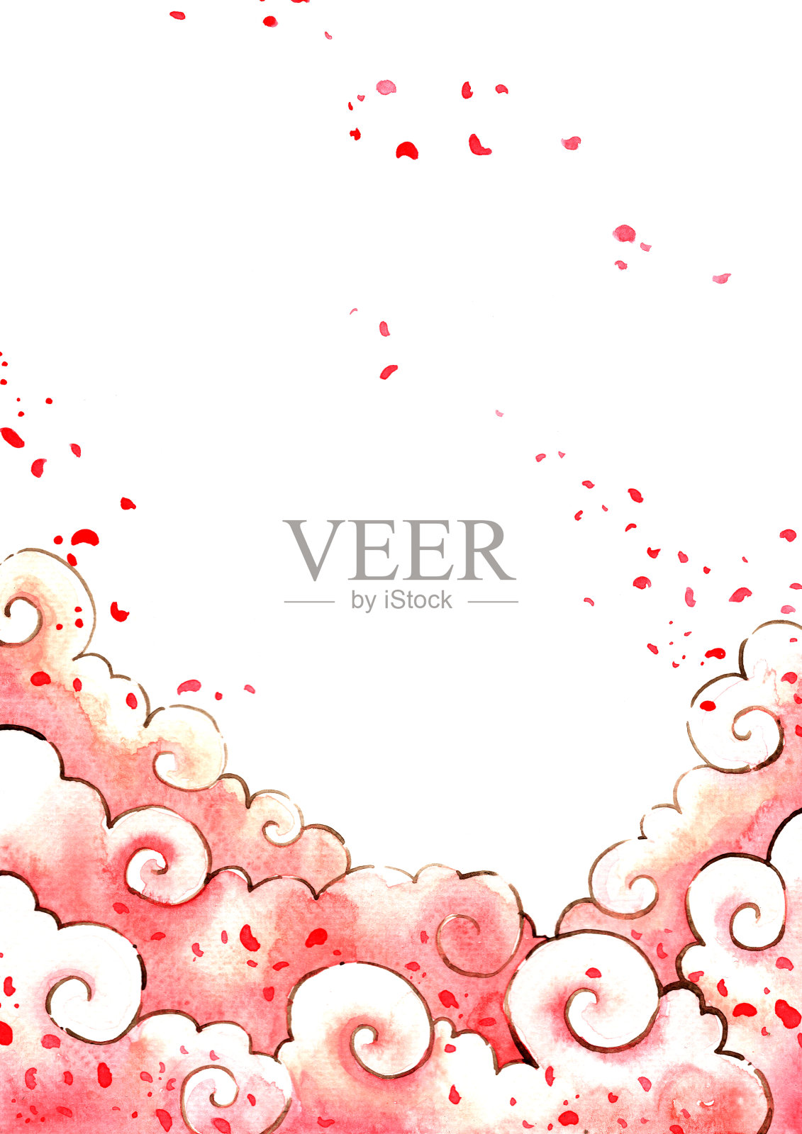 粉红色的云和浪漫的天空与花瓣红玫瑰水彩手绘装饰在中国新年和情人节。插画图片素材