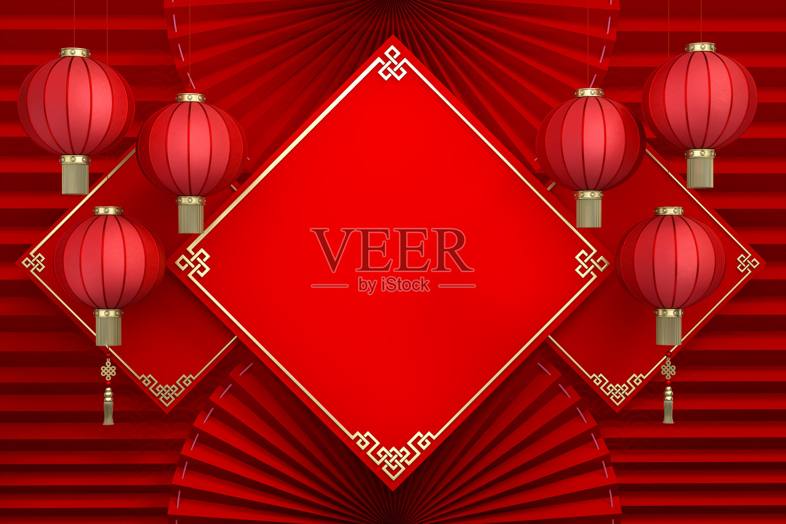 中式灯笼与图形现代风格的空间模板，欢迎背景3d渲染。3d插图祝福幸福，繁荣和长寿。中国新年节日的概念。照片摄影图片