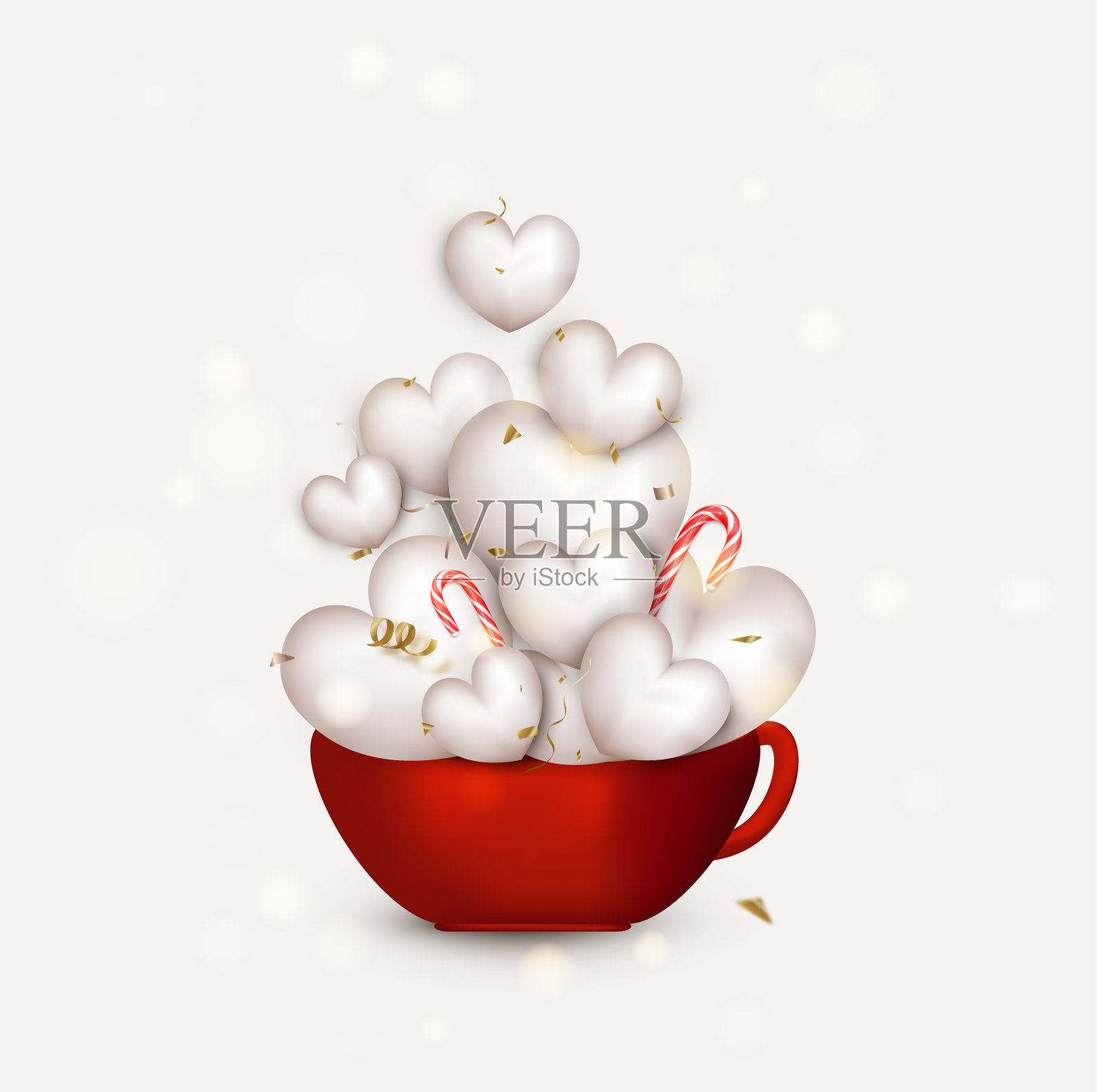 情人节贺卡快乐。红色杯与可爱的白色3d心，飞舞的五彩纸屑，蛇形，棒棒糖。矢量插图。插画图片素材