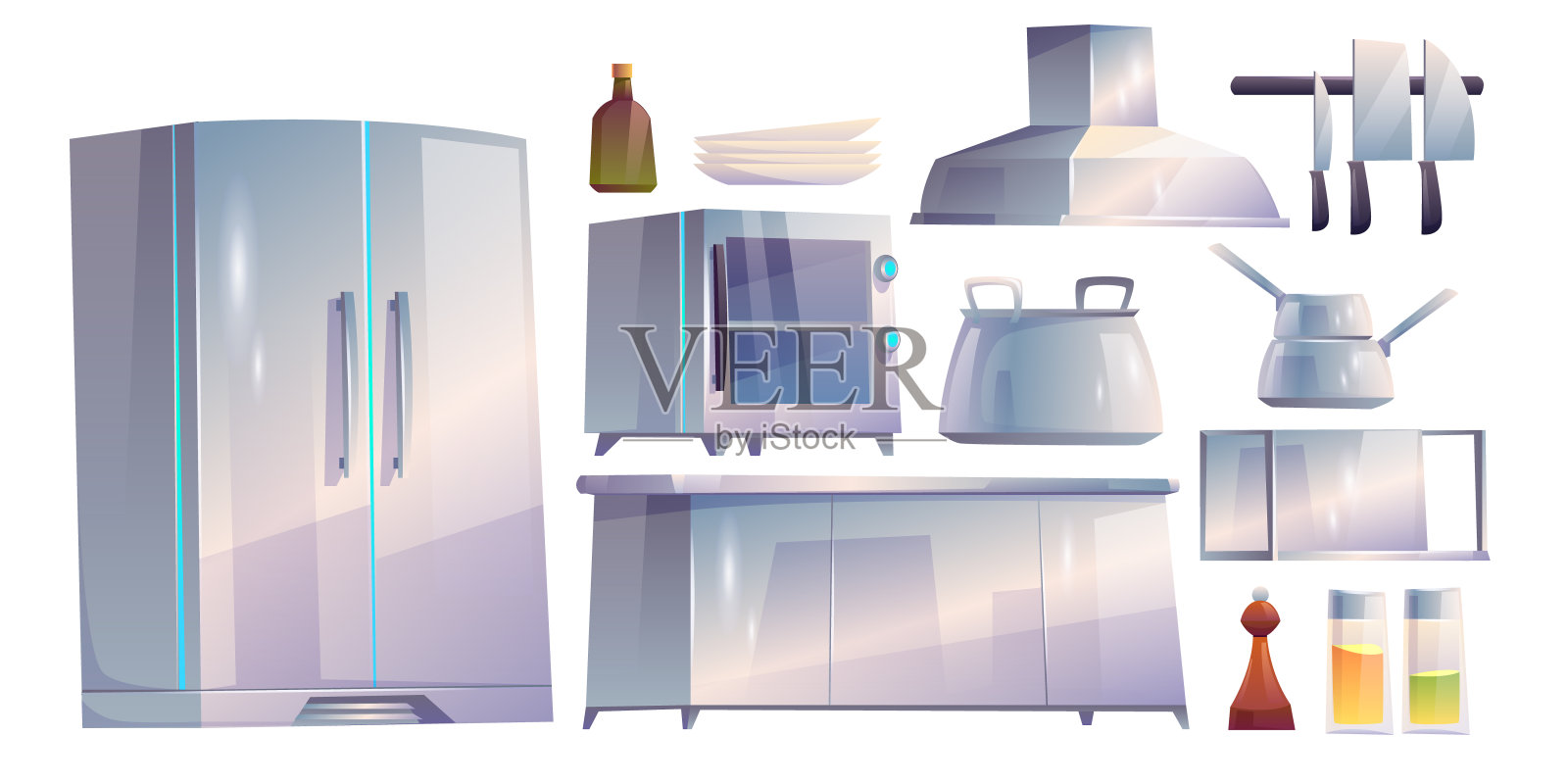 厨房、餐厅用具及家具成套插画图片素材