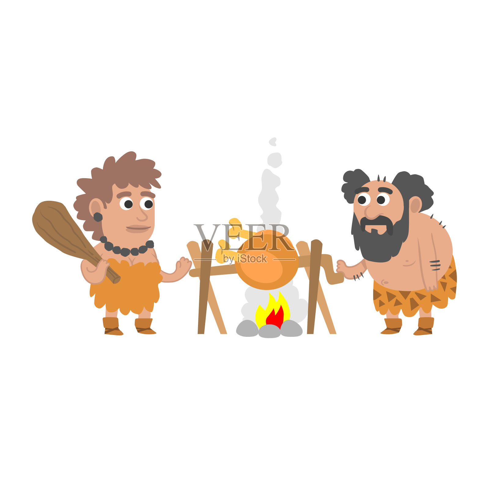一对原始的穴居人穿着皮革在篝火上烤狩猎用具。矢量平面插图。插画图片素材