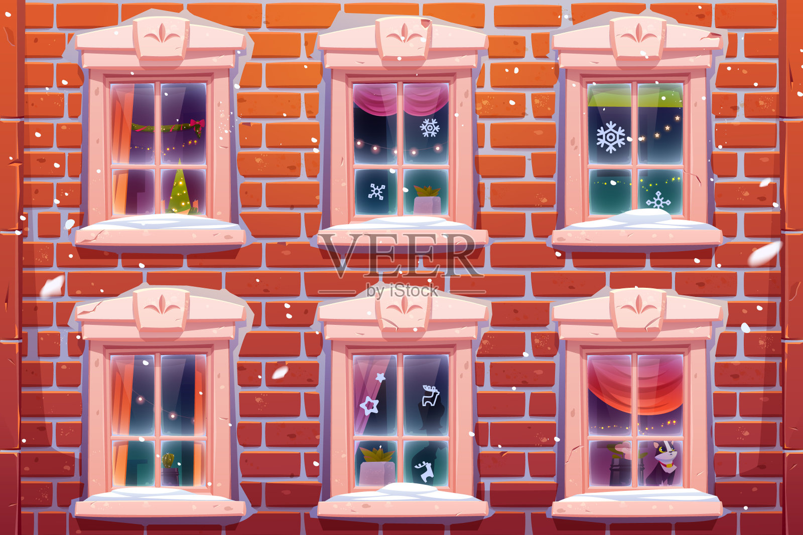 窗户上装饰着圣诞节和新年插画图片素材