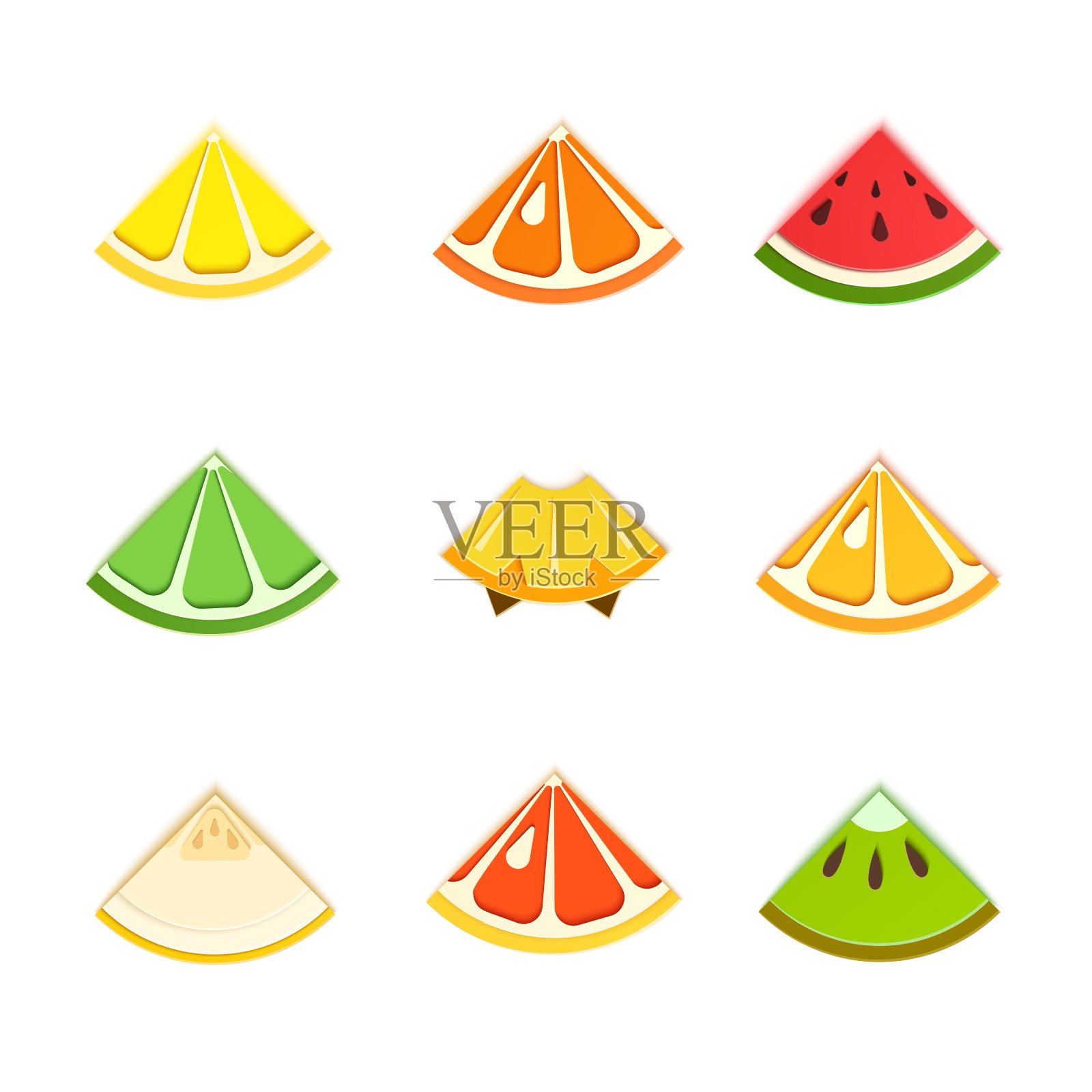套热带三角形小裂片水果在剪纸风格。将三角柑橘、橙子、橘子、菠萝、酸橙、柠檬、葡萄柚、甜瓜、西瓜、猕猴桃和叶子切成薄片。向量的名片。插画图片素材
