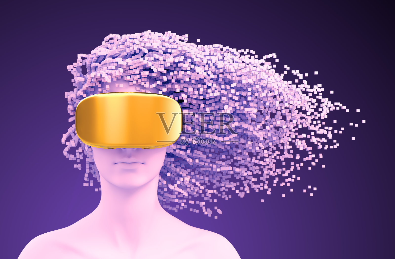 美丽的女人戴着VR眼镜和3D像素作为头发在紫色的背景照片摄影图片