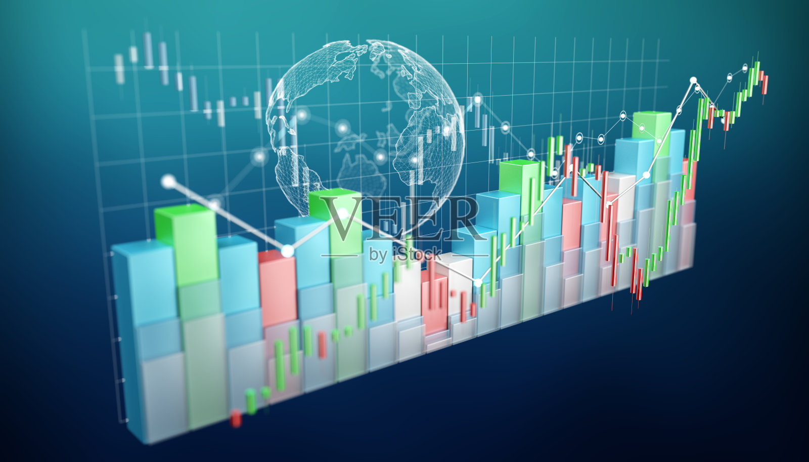 数字3D渲染的股票交易所统计和图表在蓝色的背景照片摄影图片