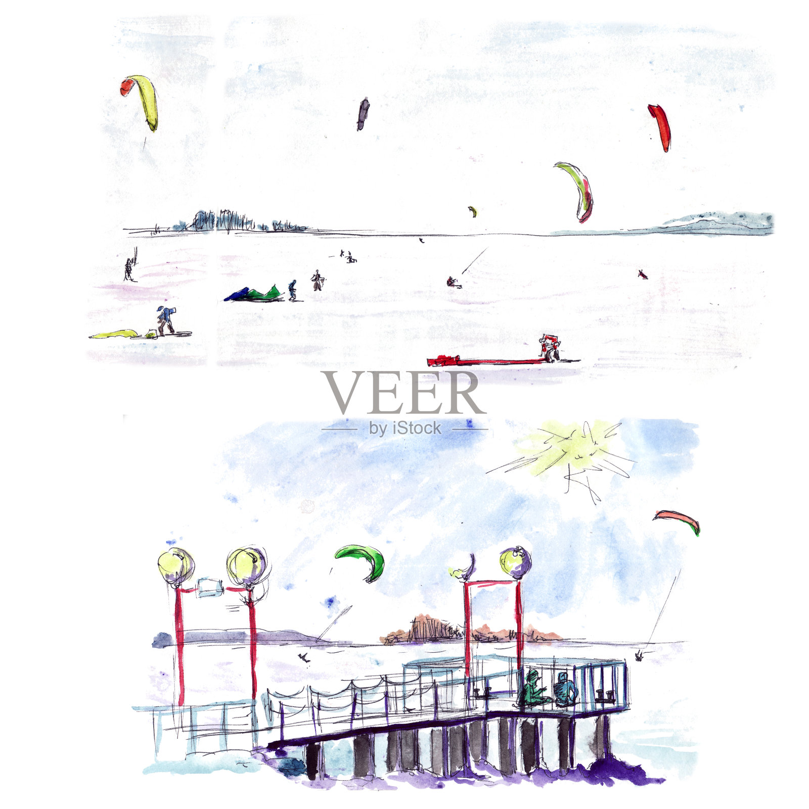 冬季风筝在冰冻的海面上冲浪-一幅水彩素描。插画图片素材
