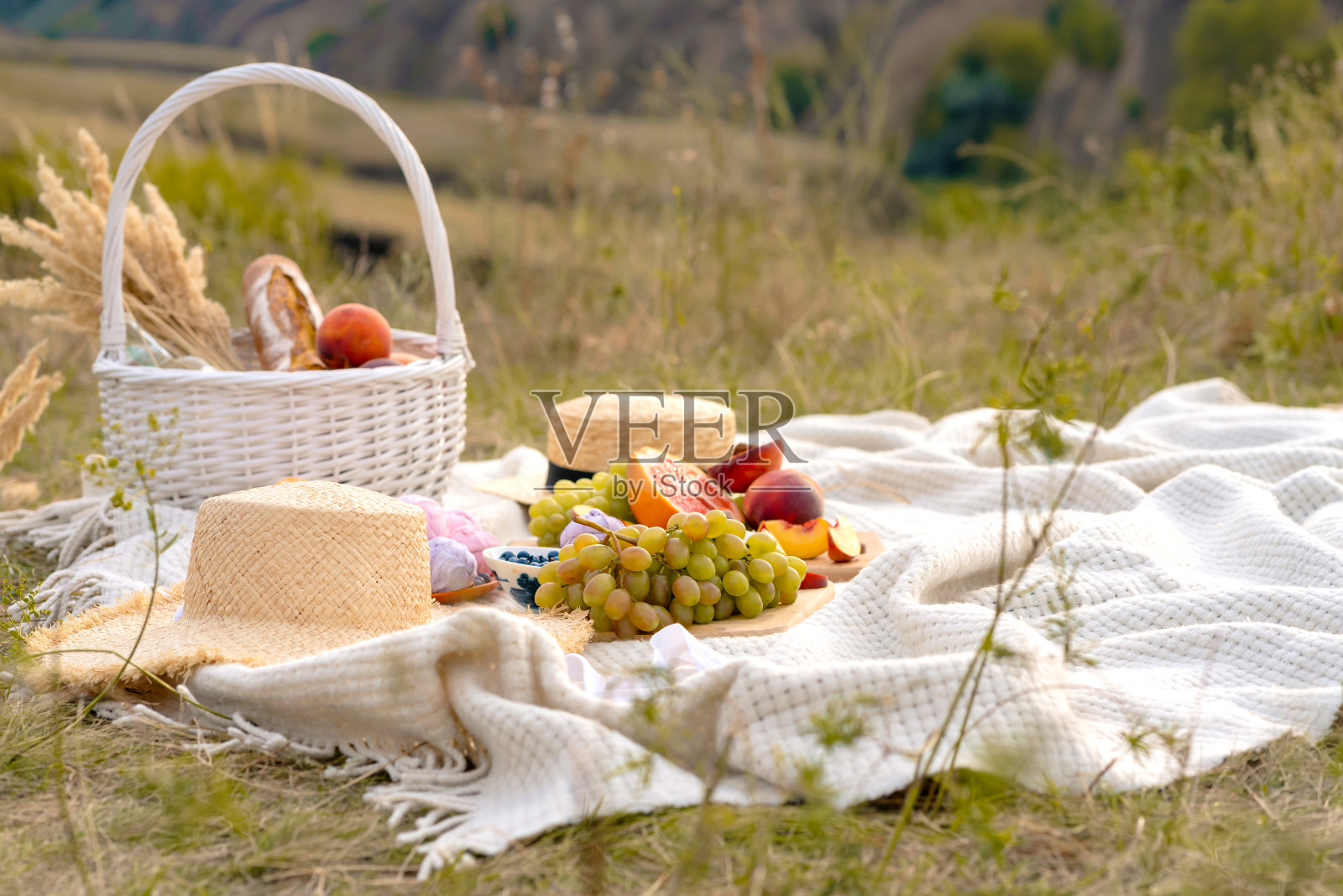白色毯子上的时髦夏日野餐。在一个风景如画的地方，自然的群山。照片摄影图片
