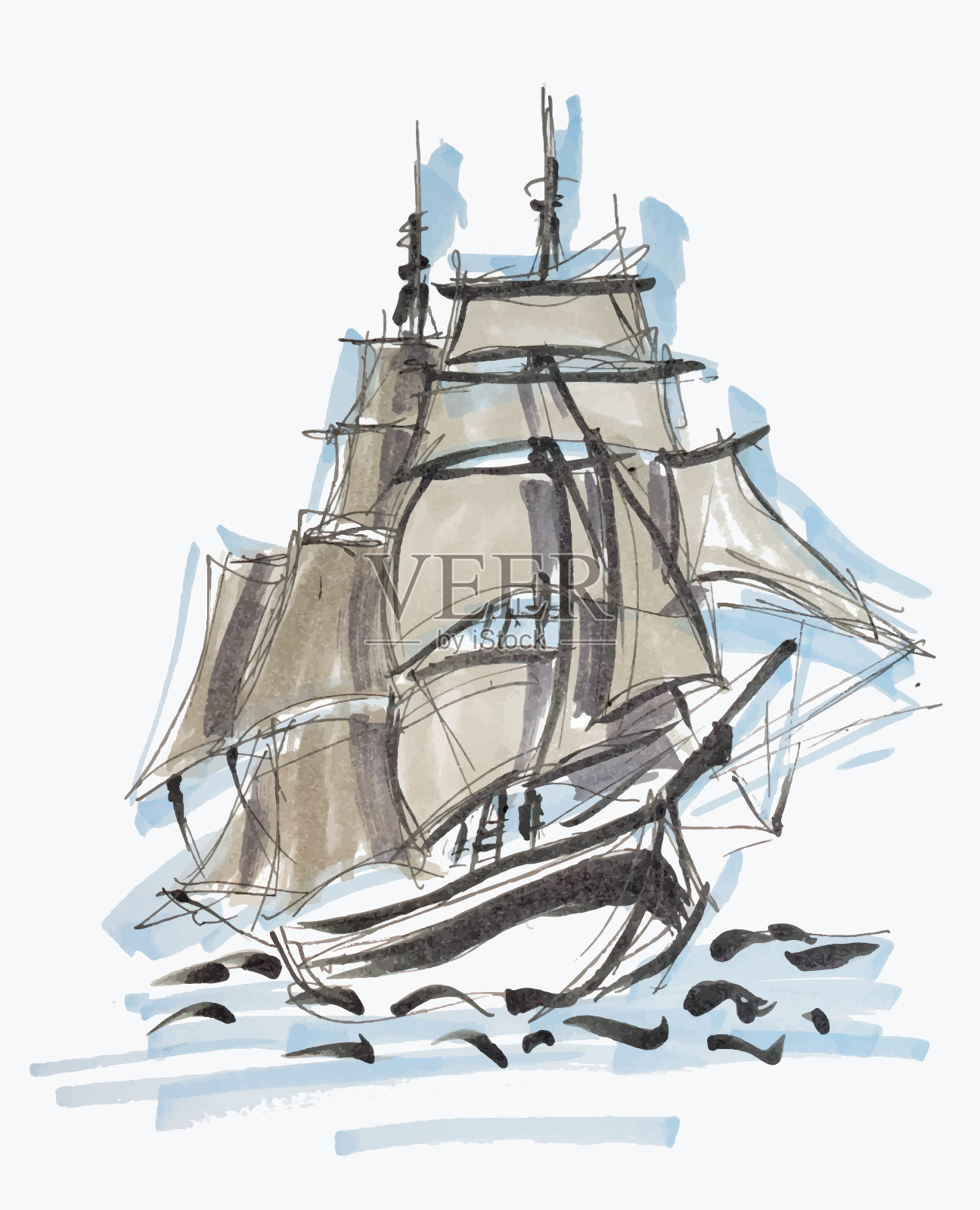 帆船手绘标记草图孤立在白色背景eps10矢量插图。插画图片素材