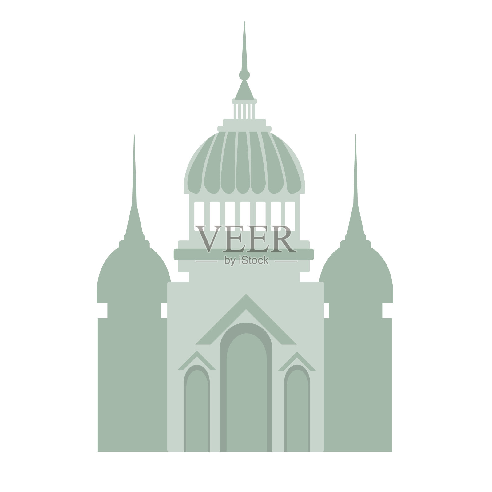 在白色背景上用浅绿色画出的长方形会堂或大教堂的轮廓。矢量插图。设计元素图片