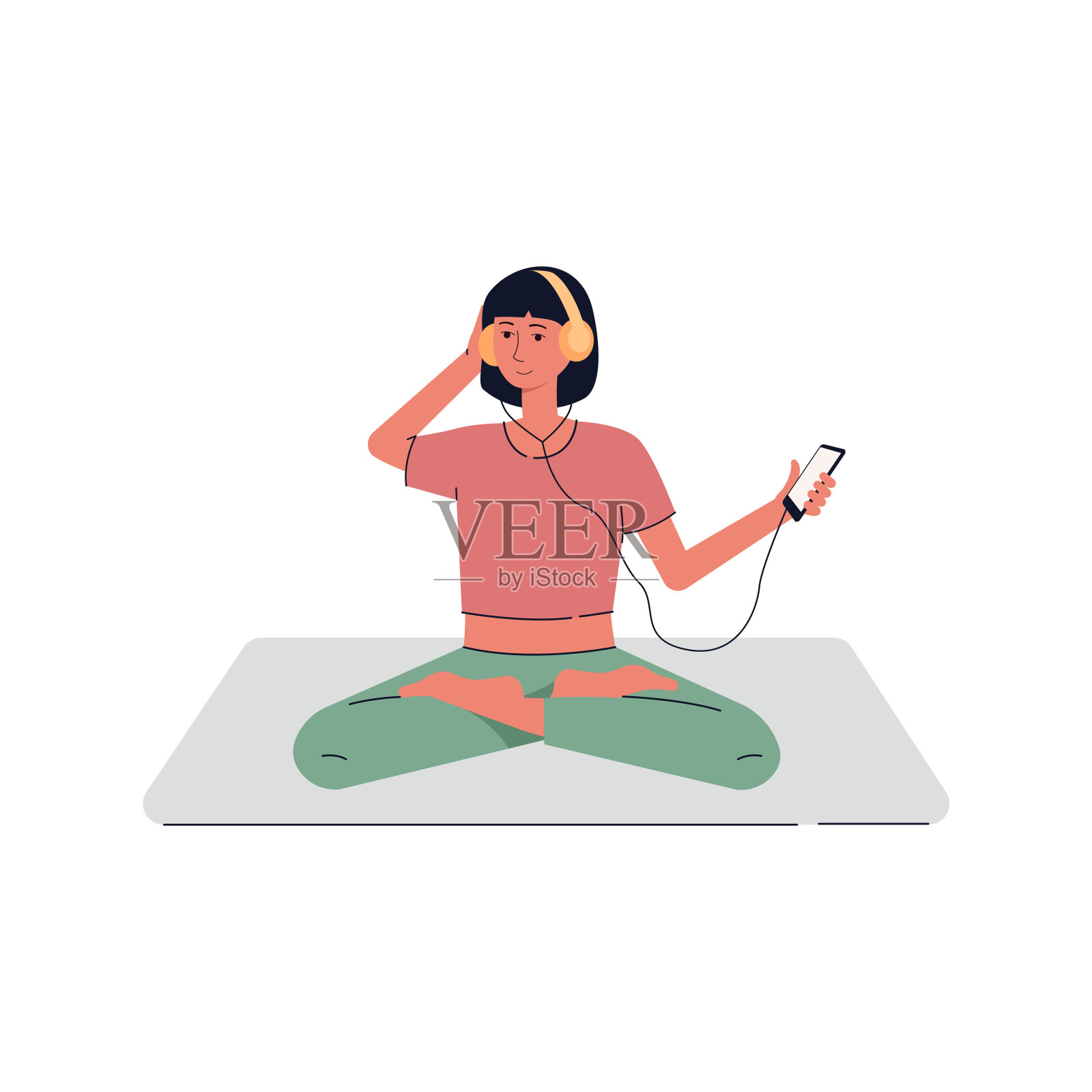 女人在瑜伽姿势和听音乐平面矢量插图孤立。插画图片素材