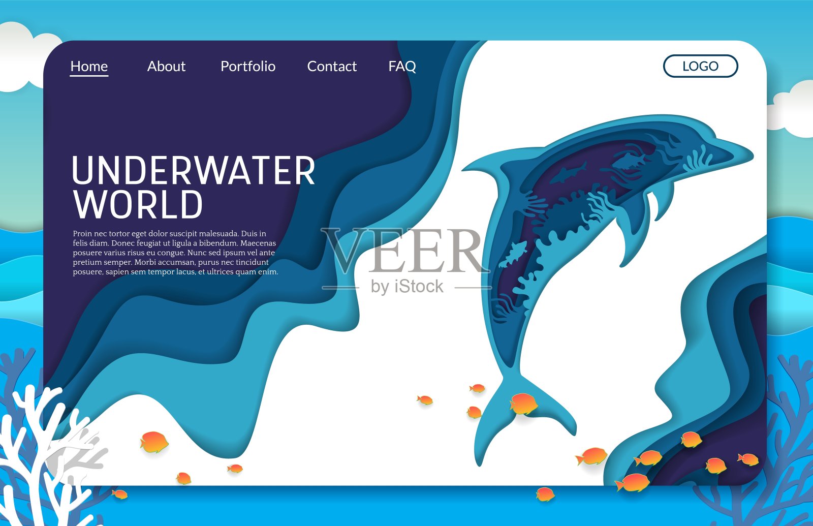 水下世界矢量网站登陆页面设计模板插画图片素材