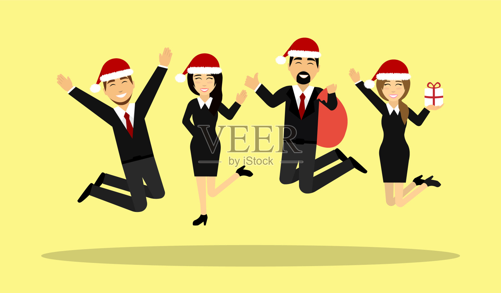 商务人士戴着圣诞帽，带着礼物。快乐的员工。新年公司聚会。插画图片素材