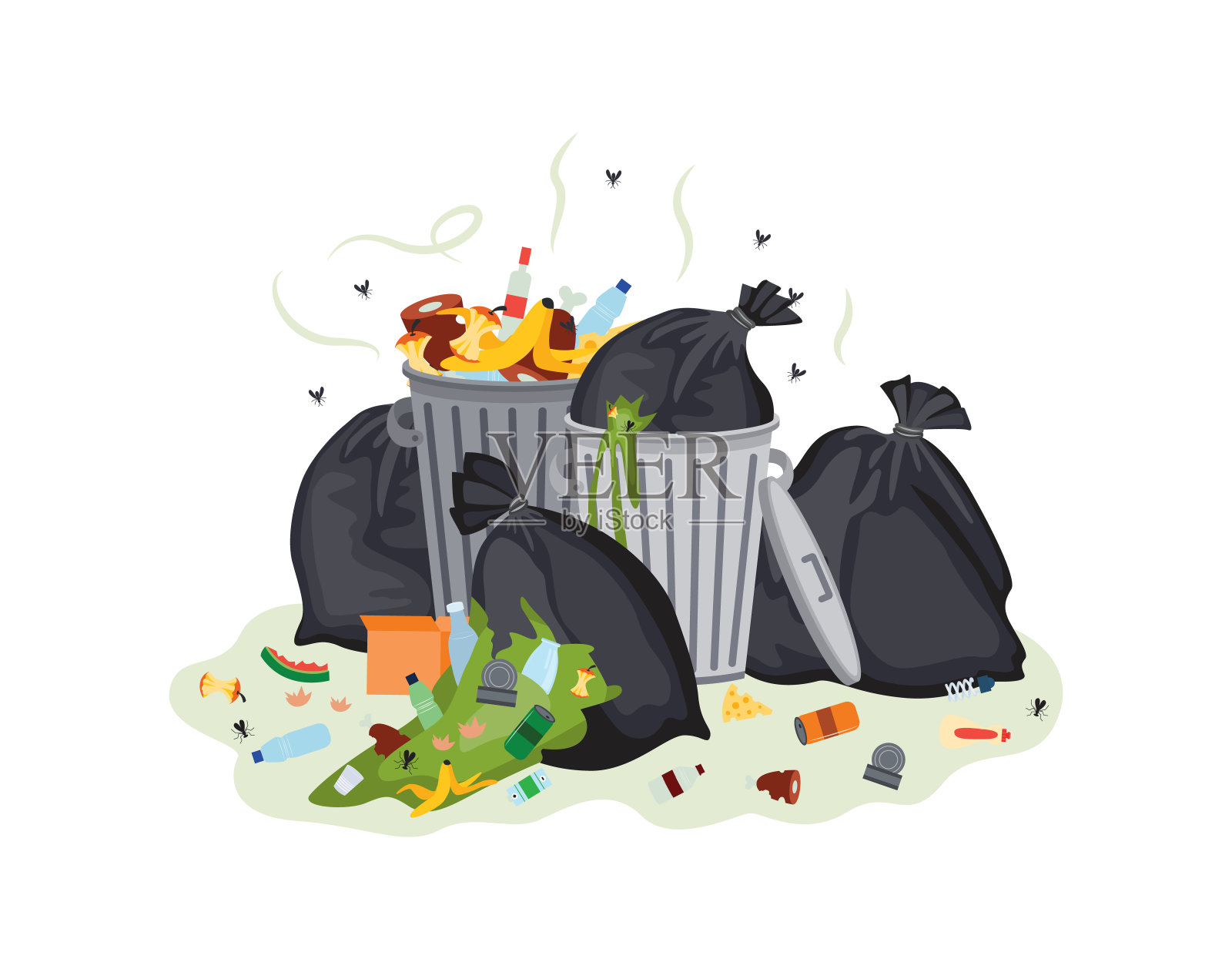 垃圾袋和垃圾桶发臭的平面卡通矢量插图孤立。设计元素图片