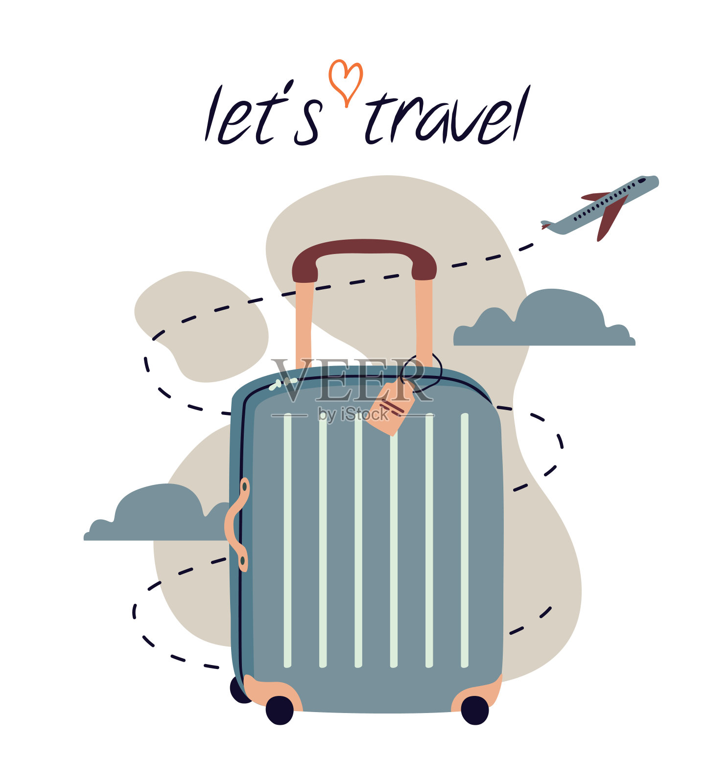 矢量旅行和旅行概念平面设计与包和飞机。旅游背景与行李插画图片素材