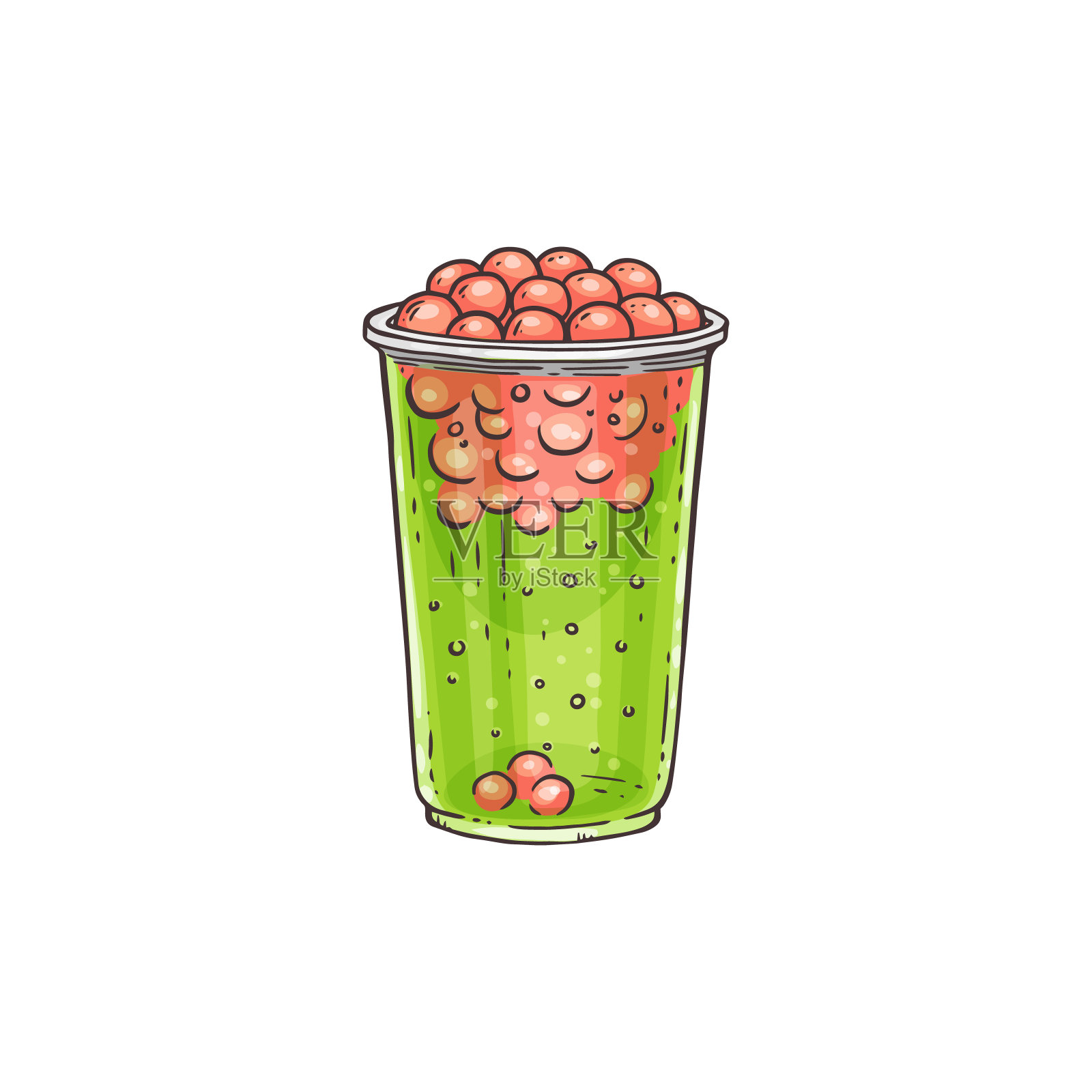 绿色和红色的珍珠奶茶饮料在塑料杯，西瓜风味的夏季饮料插画图片素材