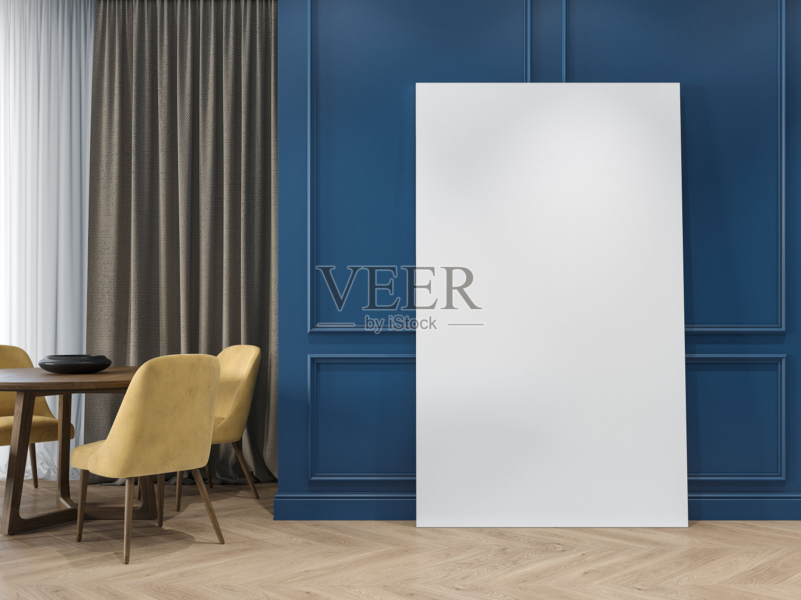 现代经典的蓝色室内海报，帆布，线条，木地板，餐桌，黄色椅子和窗帘。3d渲染室内模拟。照片摄影图片