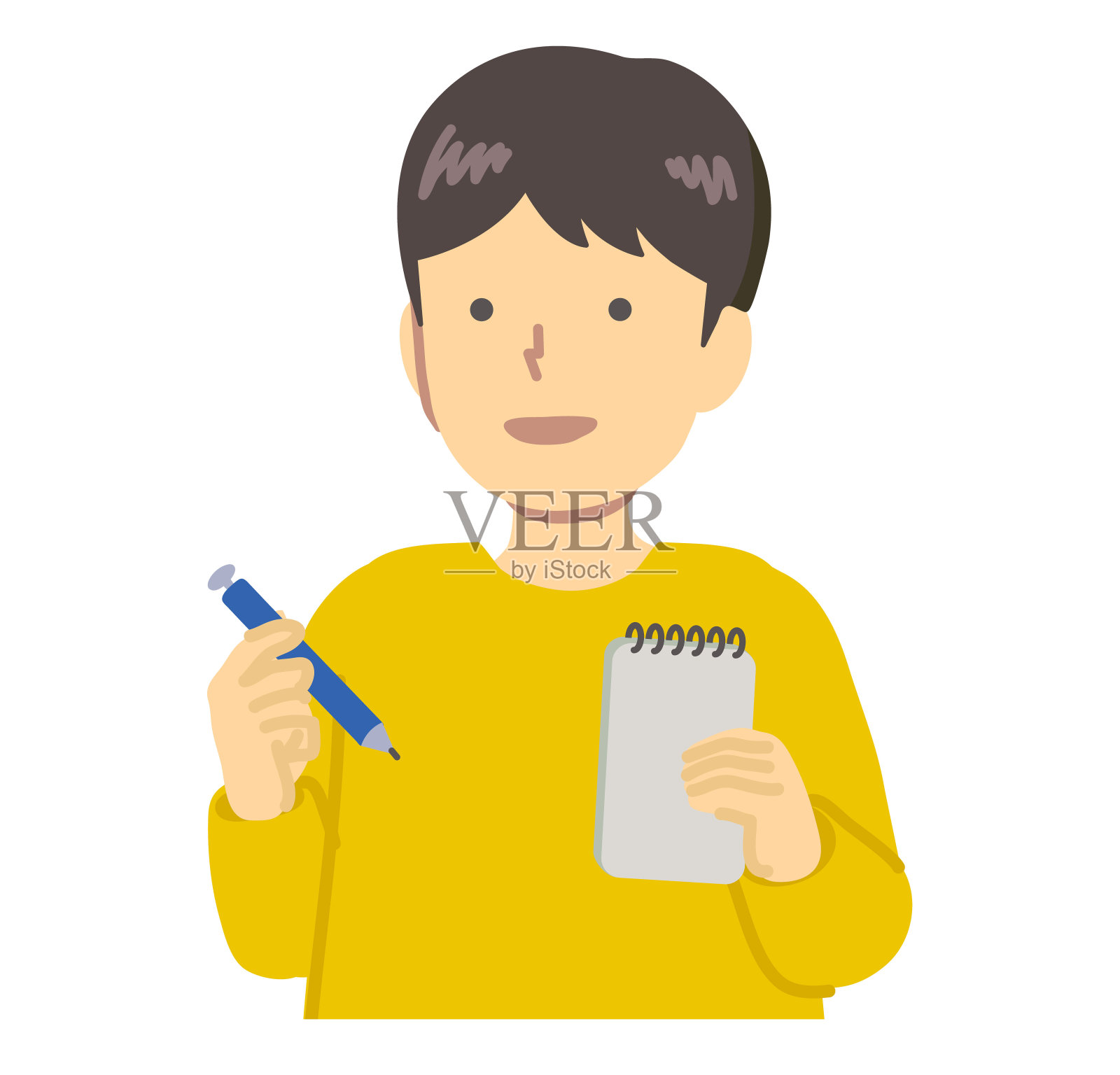 一个穿着黄色衣服做笔记的男孩插画图片素材