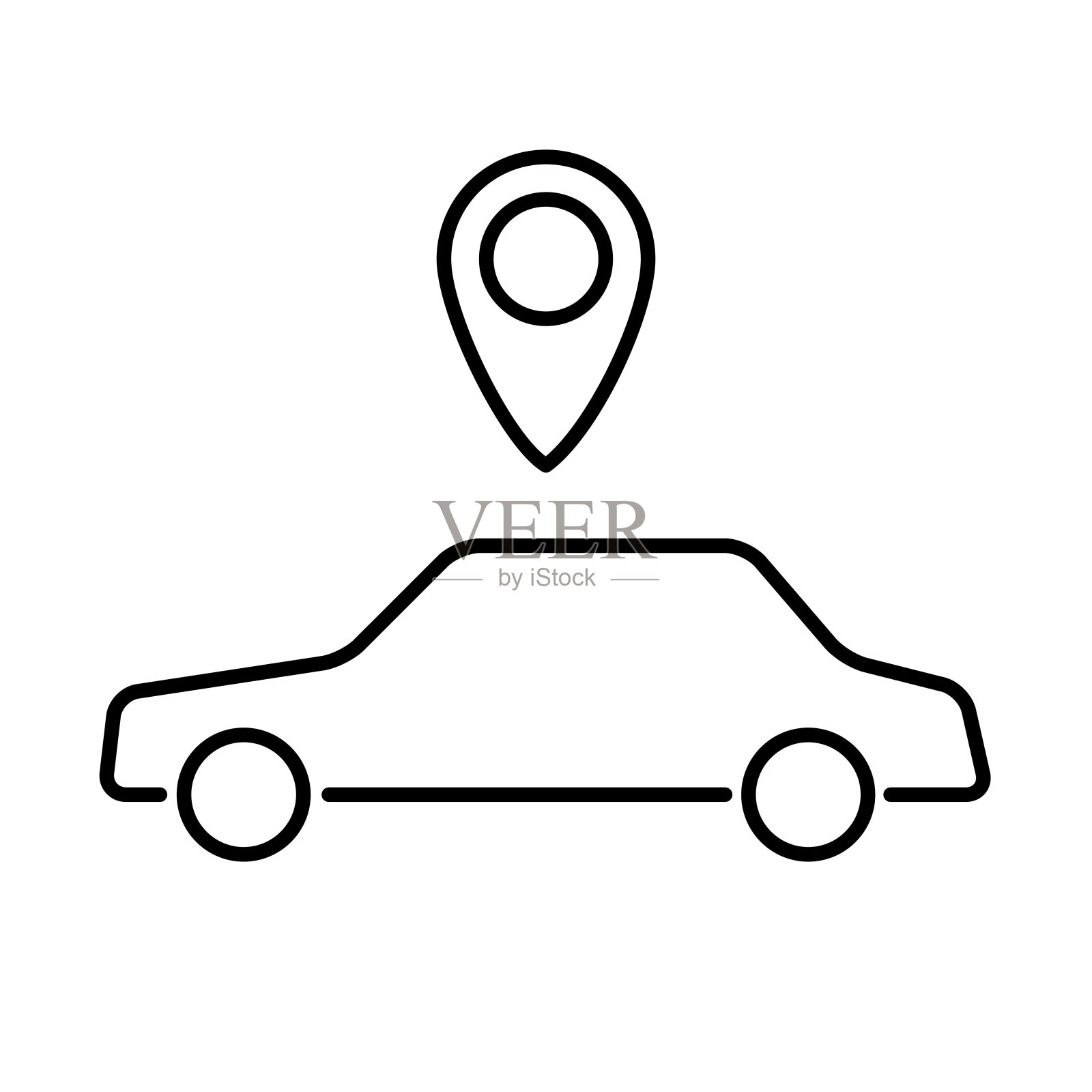 从白色背景上的黑色轮廓曲线上订购出租车，轿车的图标和地理位置。矢量插图。设计元素图片