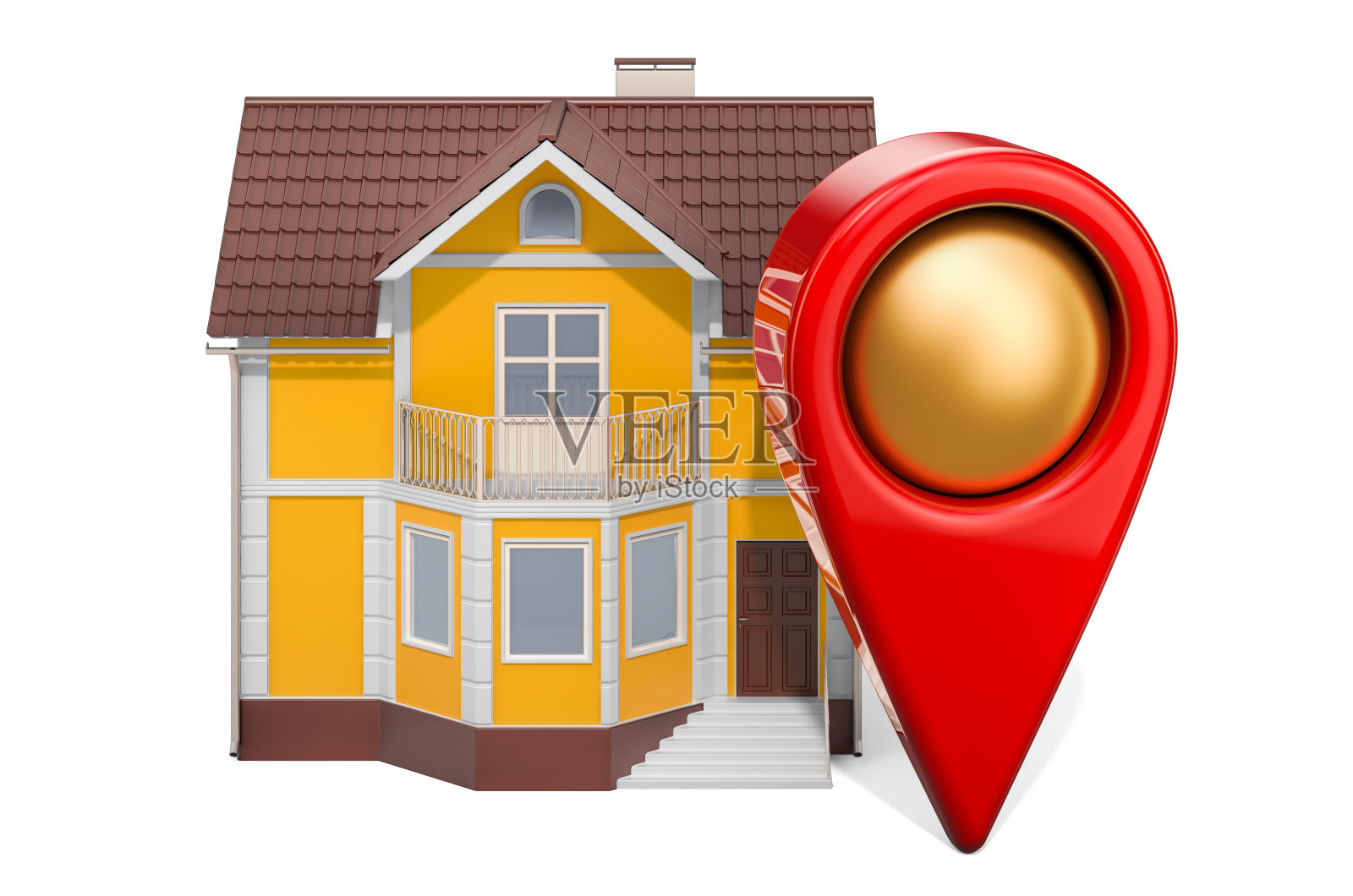 地图指针与房子，3D渲染隔离在白色背景照片摄影图片