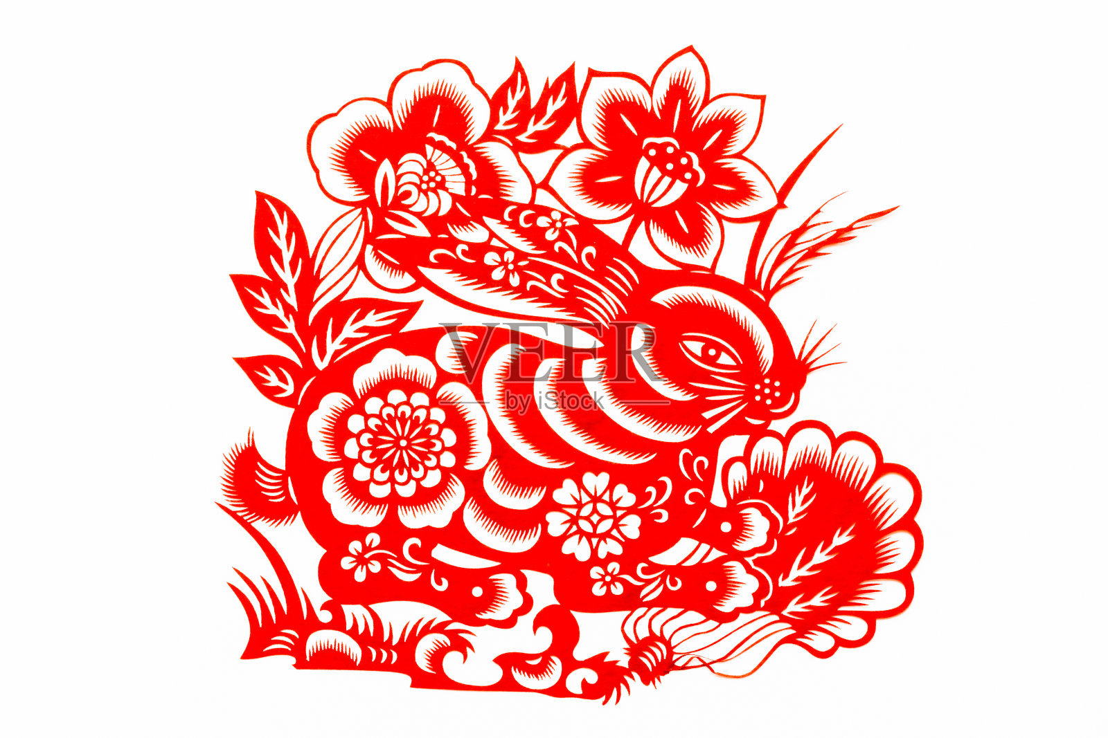 中国传统剪纸，十二生肖。中国新年，兔年。中国传统的动物月兔剪纸艺术图案。兔剪纸，过年。插画图片素材