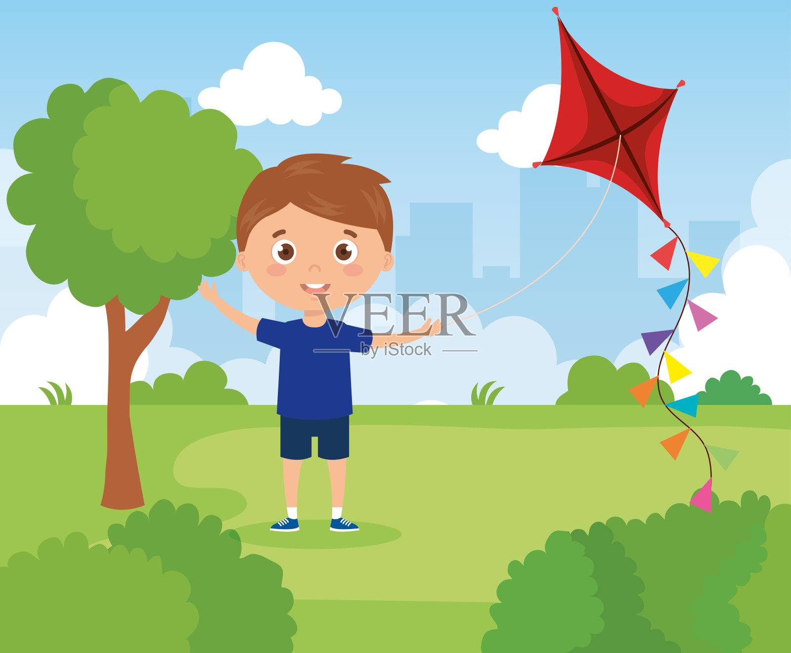 可爱的男孩在公园放风筝插画图片素材