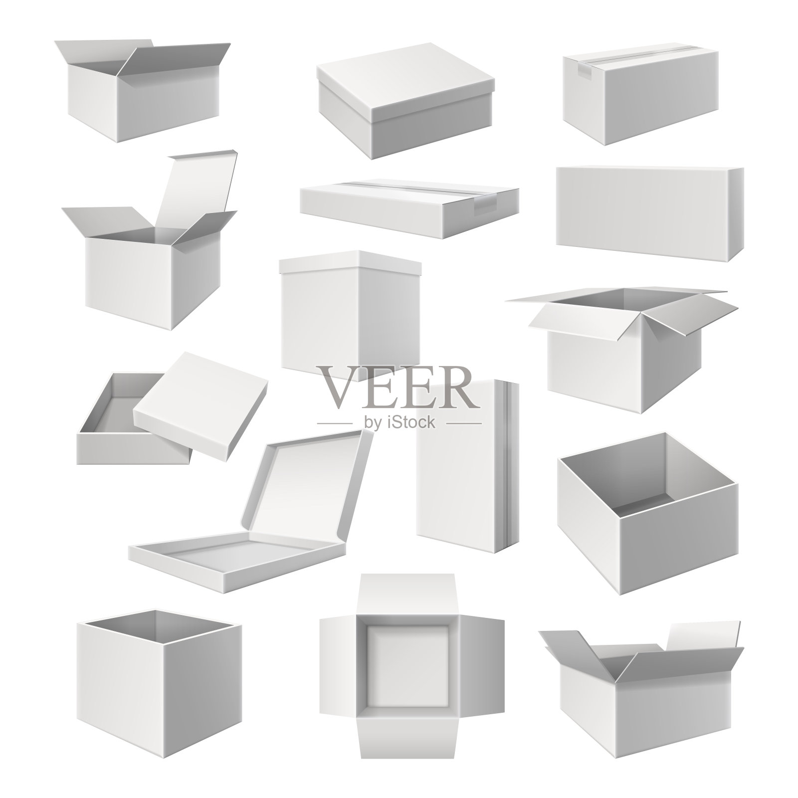 一套现实的白色盒子的货物交付插画图片素材