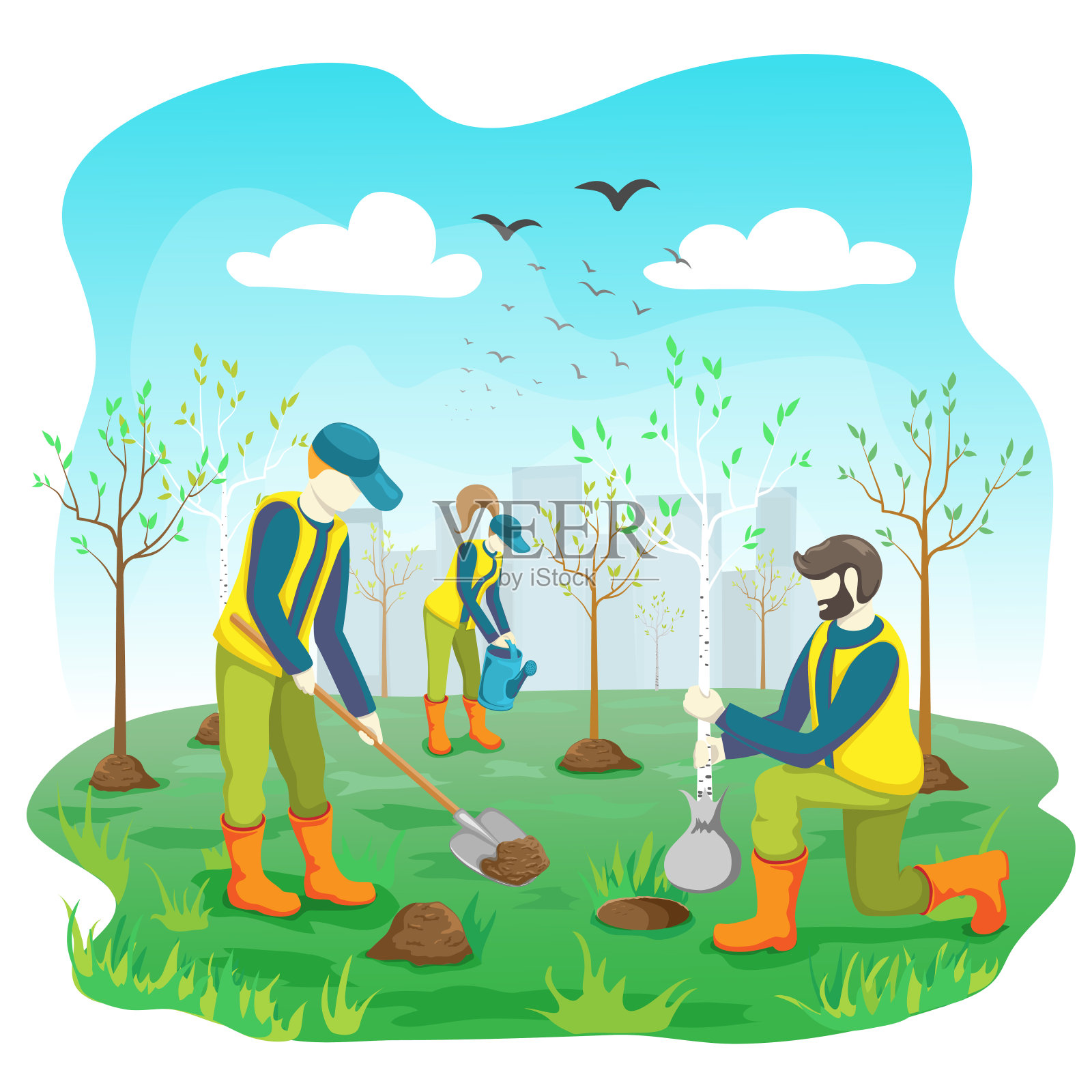青年志愿者队伍在城市公园或花园植树、浇水、育苗。志愿园艺工作。生态的生活方式。矢量平面插图。植树节的概念。插画图片素材