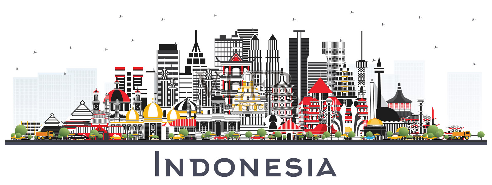 印度尼西亚城市天际线与灰色的建筑物孤立在白色。设计元素图片