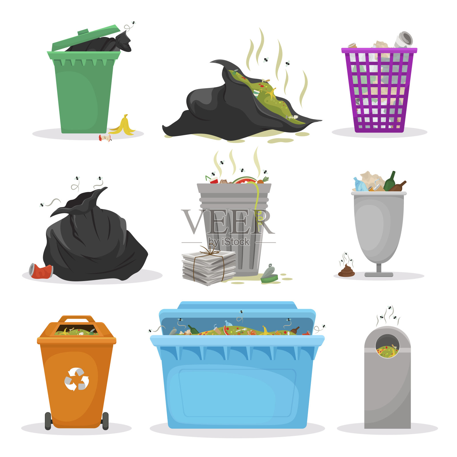 不同的垃圾容器平面矢量插图设置设计元素图片