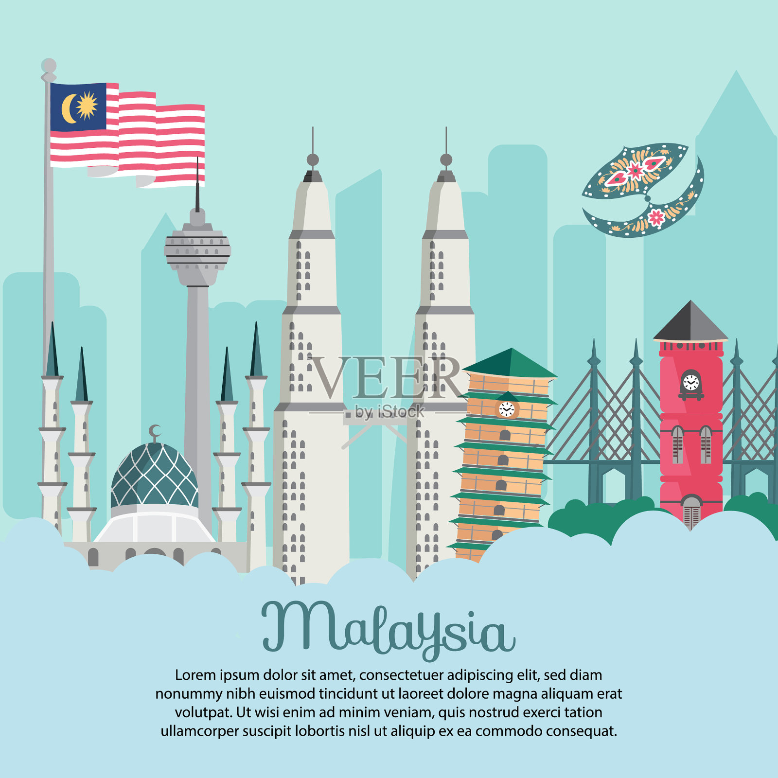 马来西亚的国旗飘扬清真寺沙阿自然平顶塔KLCC自由插画图片素材