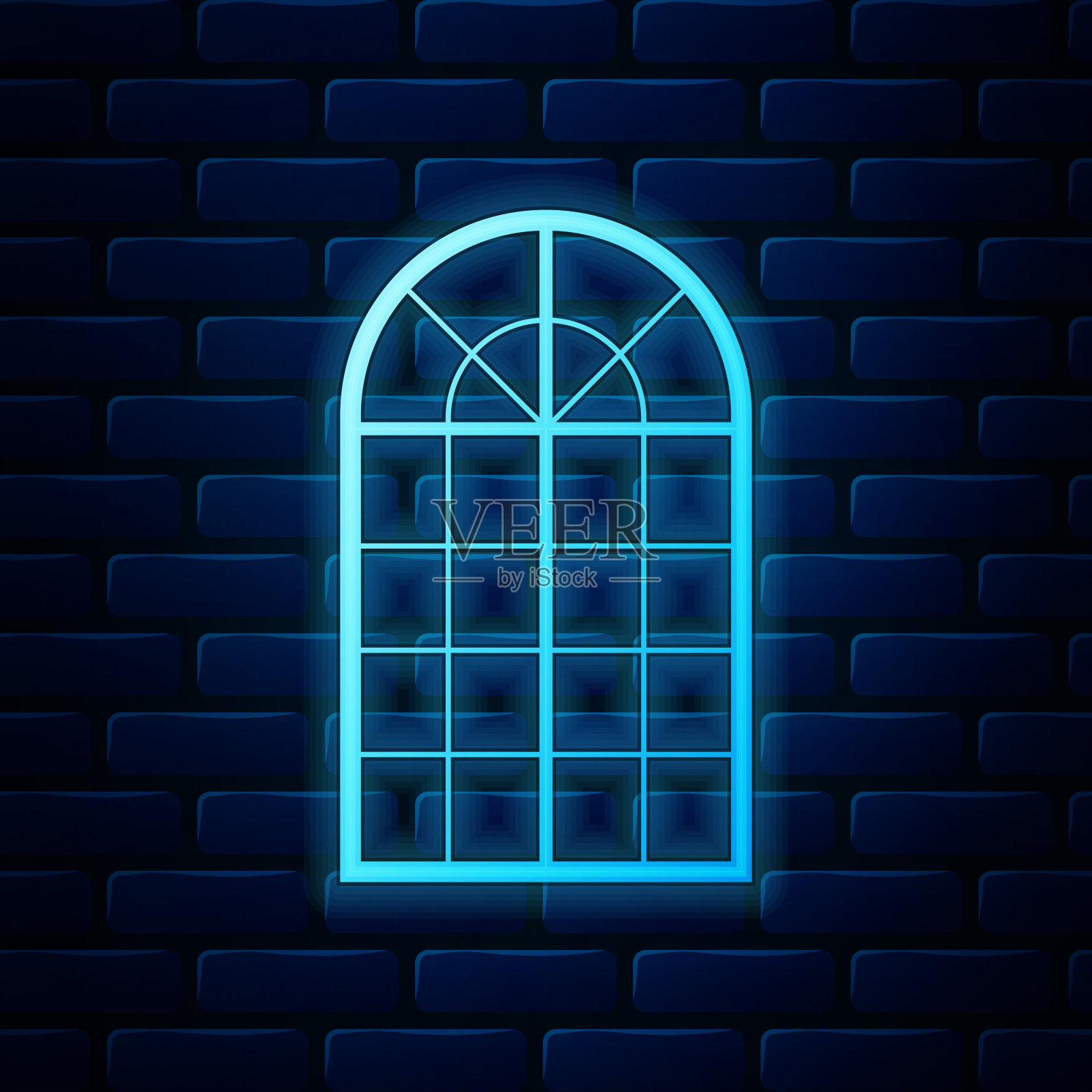 发光的霓虹灯拱形窗口图标孤立在砖墙的背景上。矢量图插画图片素材