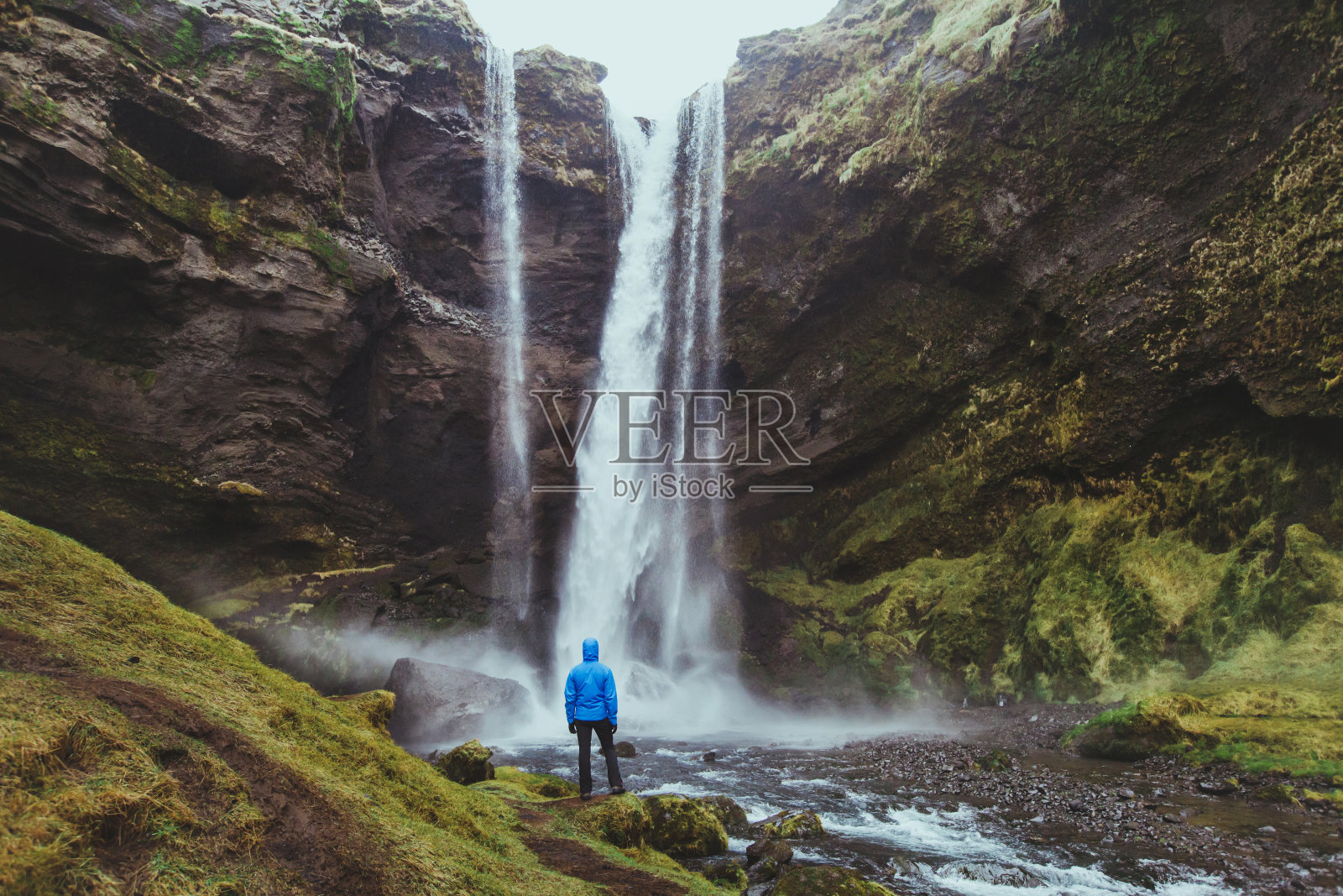 户外旅游，游客观赏冰岛瀑布景观照片摄影图片