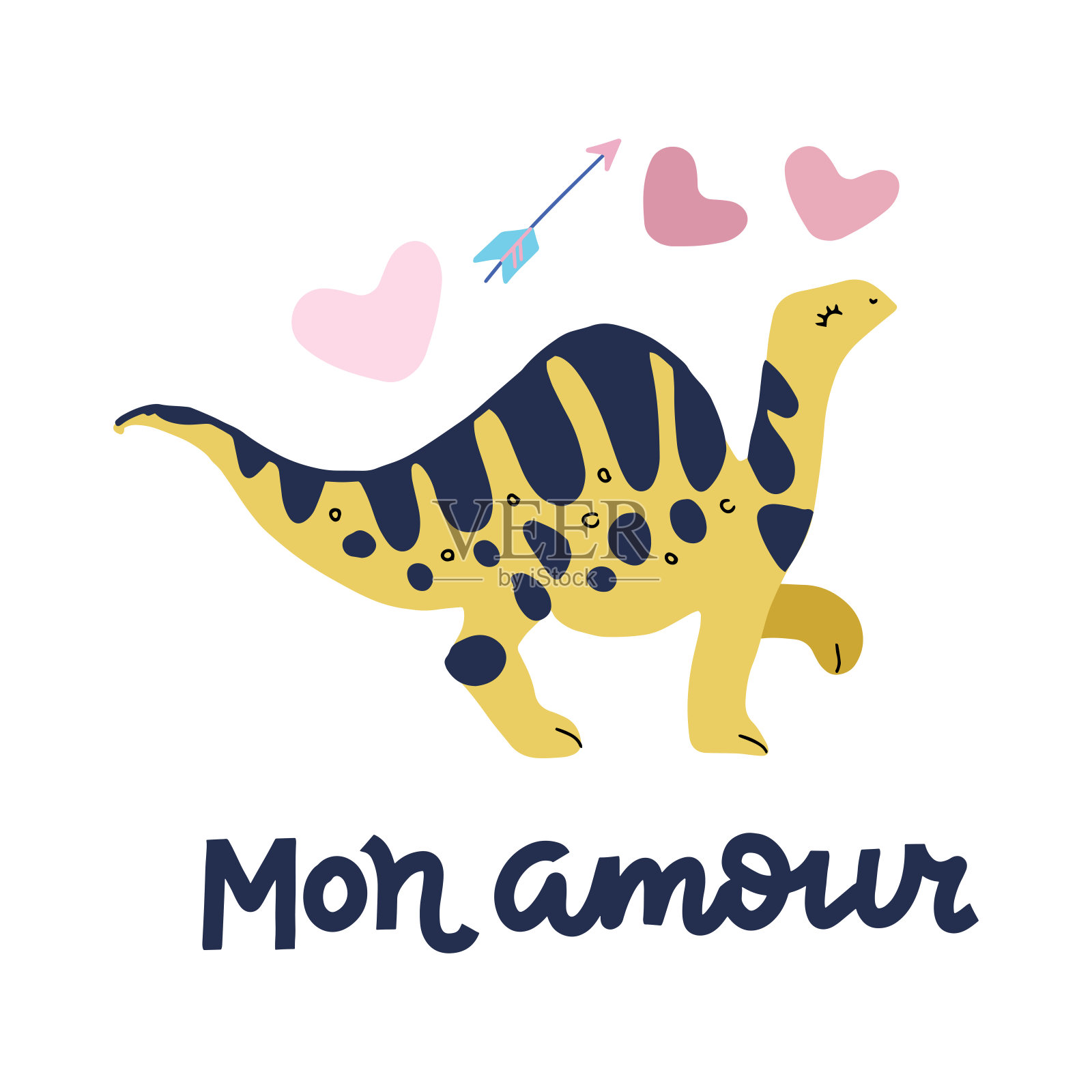 情人节贺卡与扁平风格的婴儿恐龙梁龙，手绘排印- Mon amour -节日海报，徽章，庆祝印刷。2月14日。从法语翻译过来的-我的爱人插画图片素材