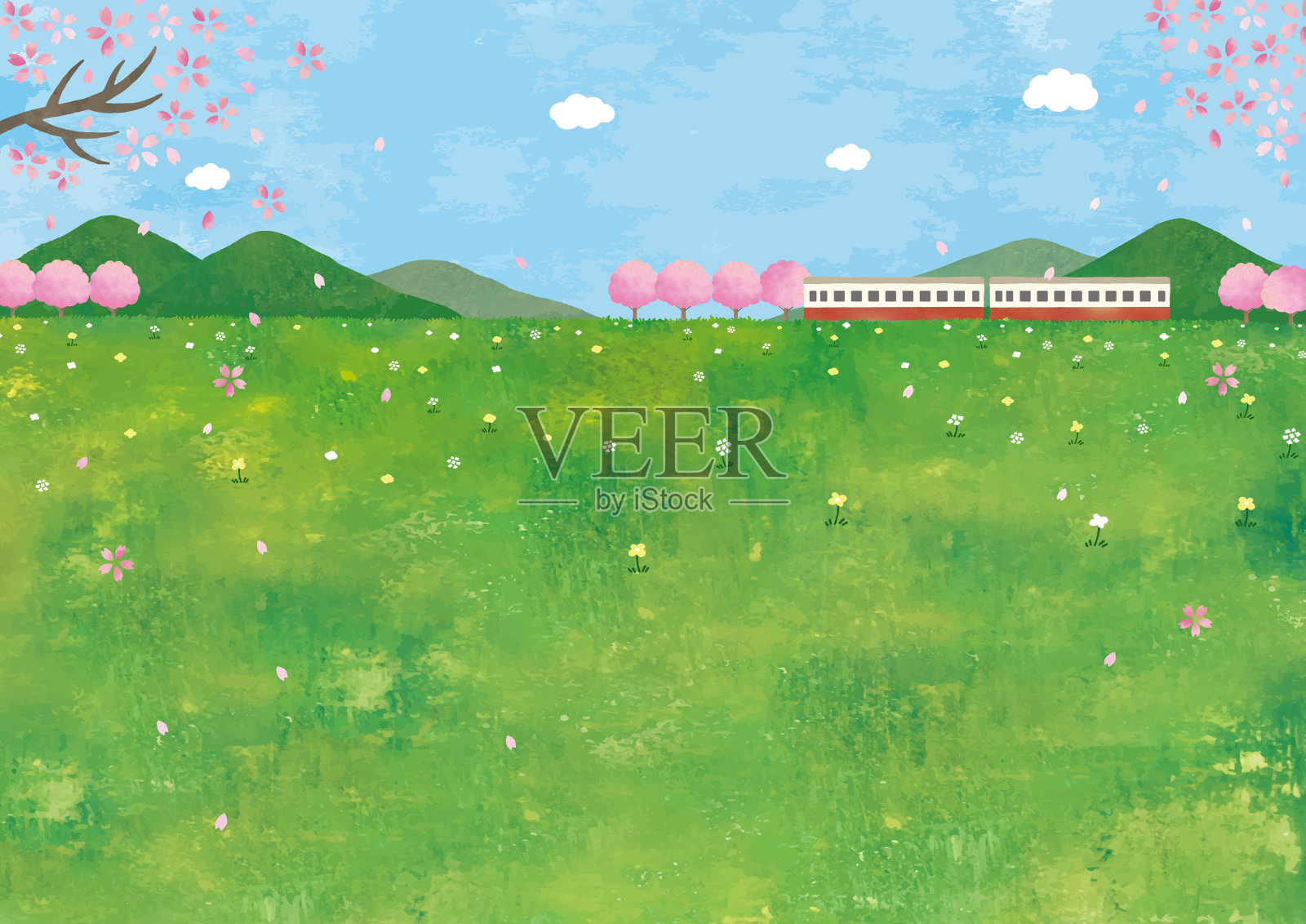 草地上的樱花和火车插画图片素材