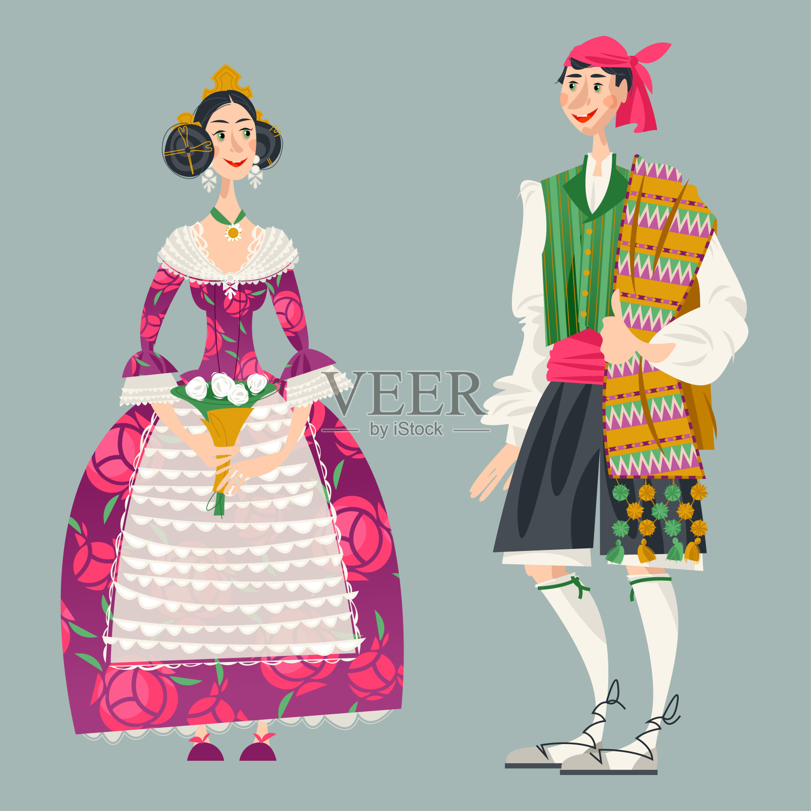 在西班牙瓦伦西亚的拉斯法拉斯(火节)上，穿着传统服装的夫妇。插画图片素材