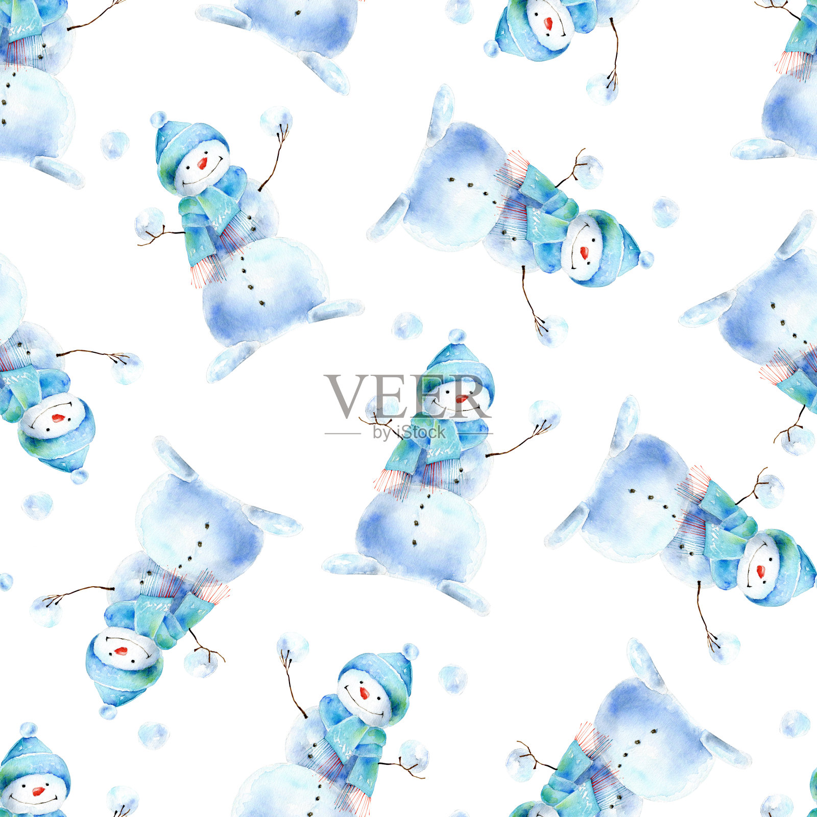 无缝水彩图案与欢乐的雪人设计元素图片