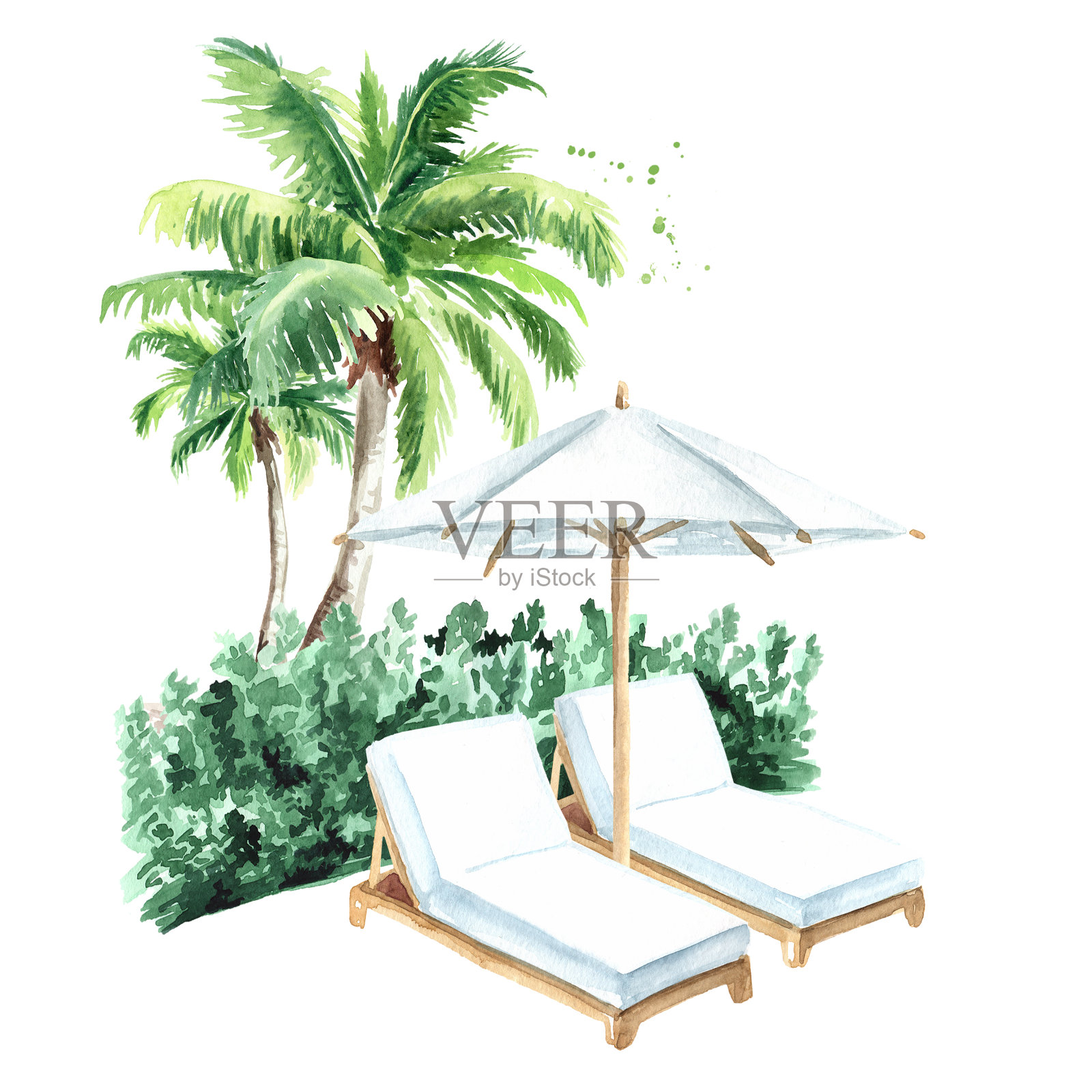 阳光躺椅和棕榈树，夏季度假概念。手绘水彩插图孤立的白色背景插画图片素材